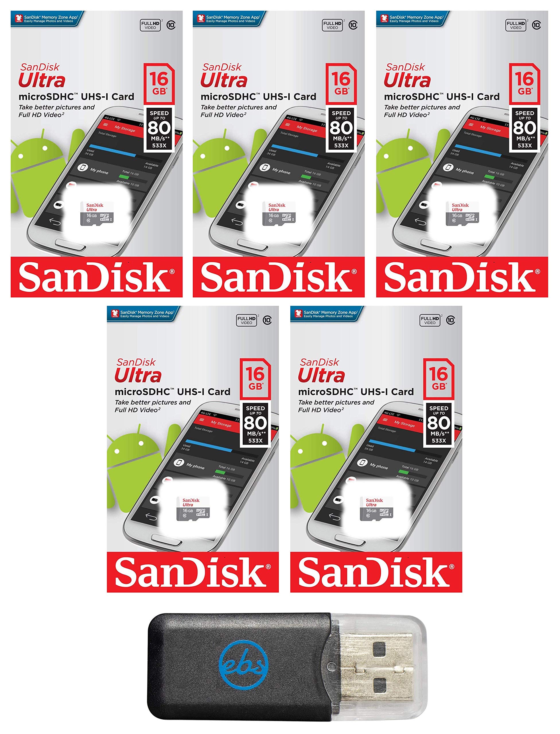 SanDisk Micro SDHC Ultra 5 Pack MicroSD TF Flash Memory Card 16GB 16G Class 10 SDSQUNB-016G Bundle with Everything But Stro