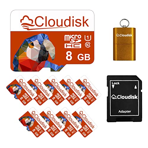 Cloudisk 10Pack 8GB Micro SD Card 8 GB MicroSD Memory Card Class10 with SDAdapter Card ReaderBulk Sale 10pcs Parrot-Prime