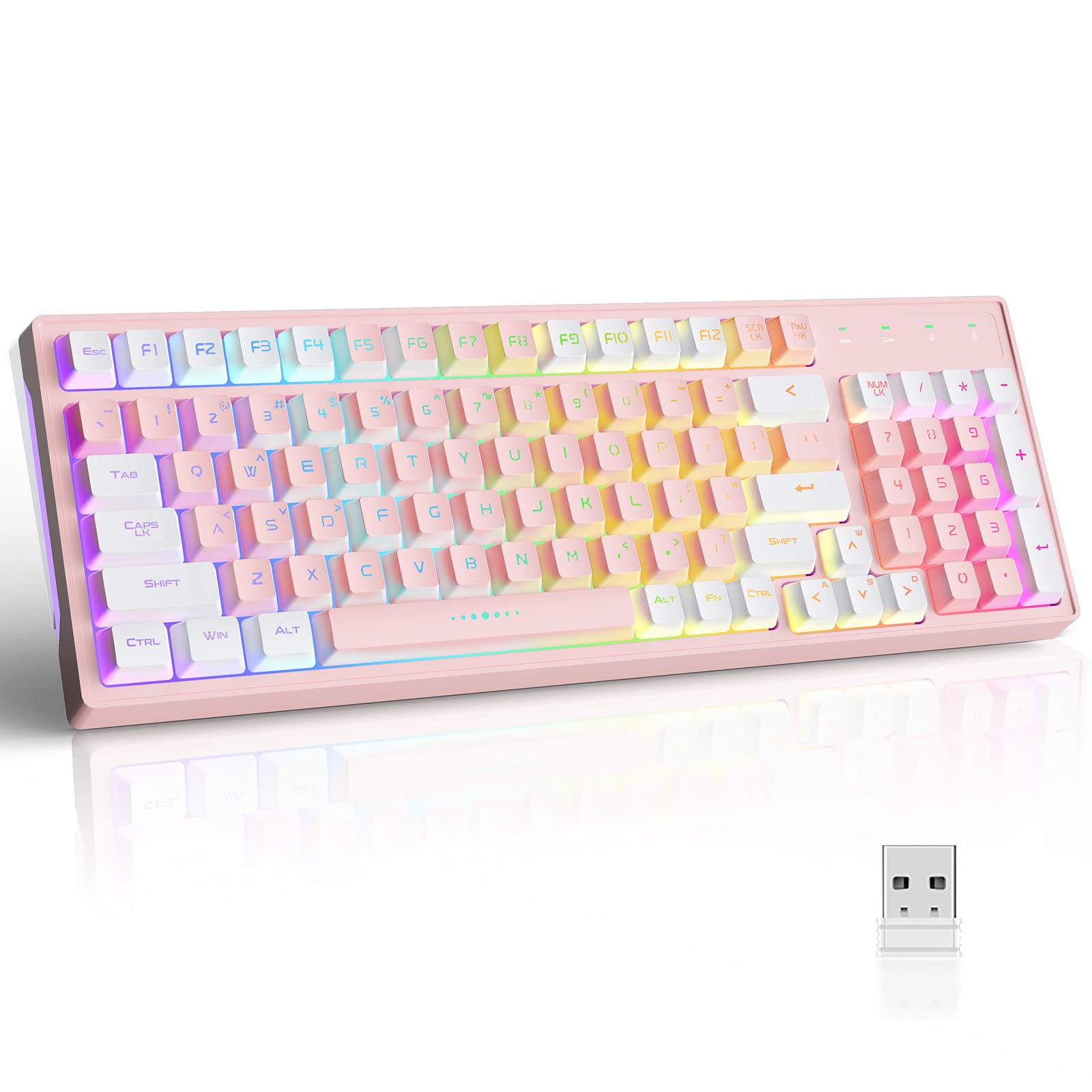 GK98 Wireless Gaming Keyboard2.4G Rechargeable RGB Pink KeyboardRGB Backlit Ergonomic 98 keys Dual Color Mechanical Feeling