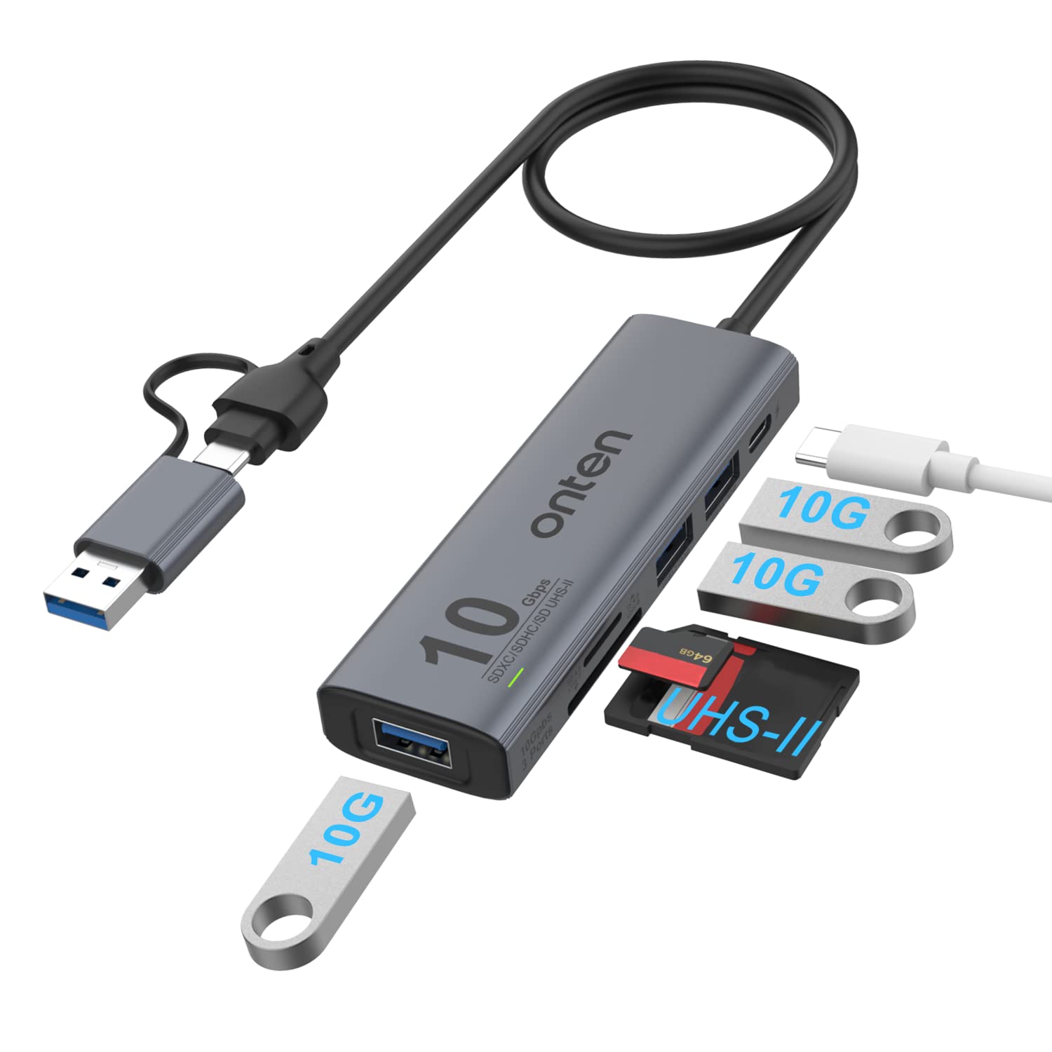 Onten Dual-Slot UHS-II SD4.0 Card Reader.10Gbps USB C to USB Hub AdapterUSB Hub with 3USB 3.2 GEN 210Gbps Port and UHS-II