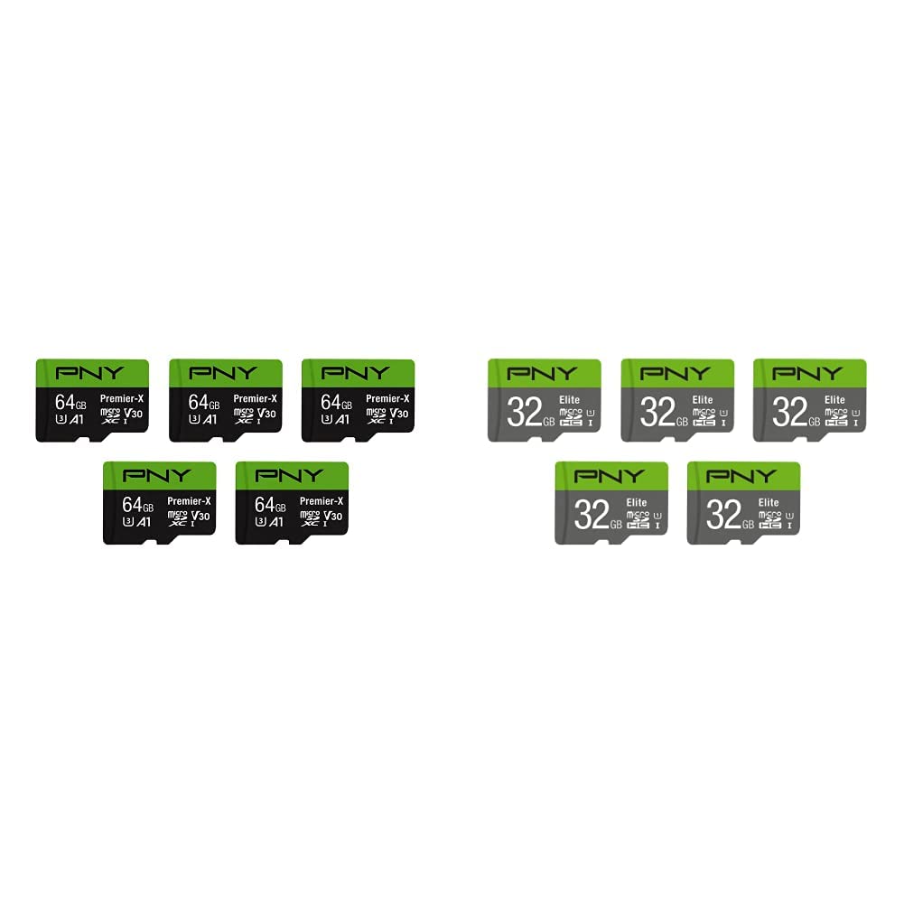 PNY 64GB Premier-X Class 10 U3 V30 microSDXC Flash Memory Card 5-Pack 32GB Elite Class 10 U1 microSDHC Flash Memory Card 5-