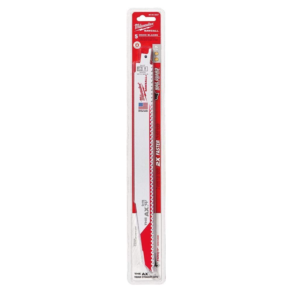 MILWAUKEE ELECTRIC 48-00-5027 THE AX SAWZALL BLADE 12 IN. LONG WITH 12 IN. UNIVERSAL SHANK 5 TPI 5 PER PACK 1 PACK並