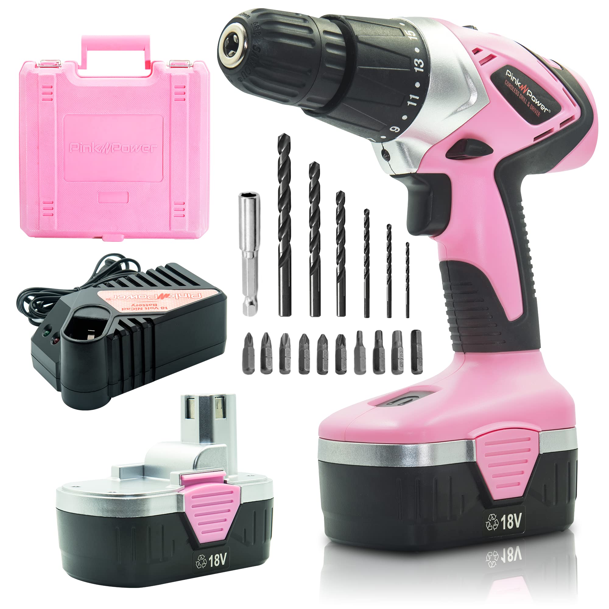 Pink Power Drill Set for Women 18V Pink Cordless Drill Driver Tool Kit for Women Electric Drill Power Drill Set with Tool Ca