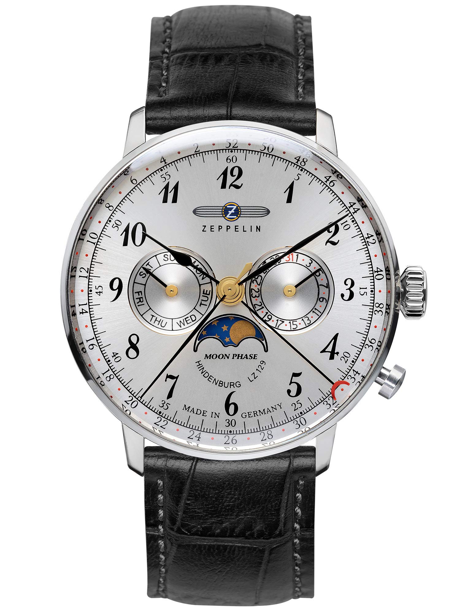 Zeppelin Series LZ129 Hindenburg Mens Multifunction DayDate Moon Phase Watch Silver with Black Strap 7036-1並行輸入品