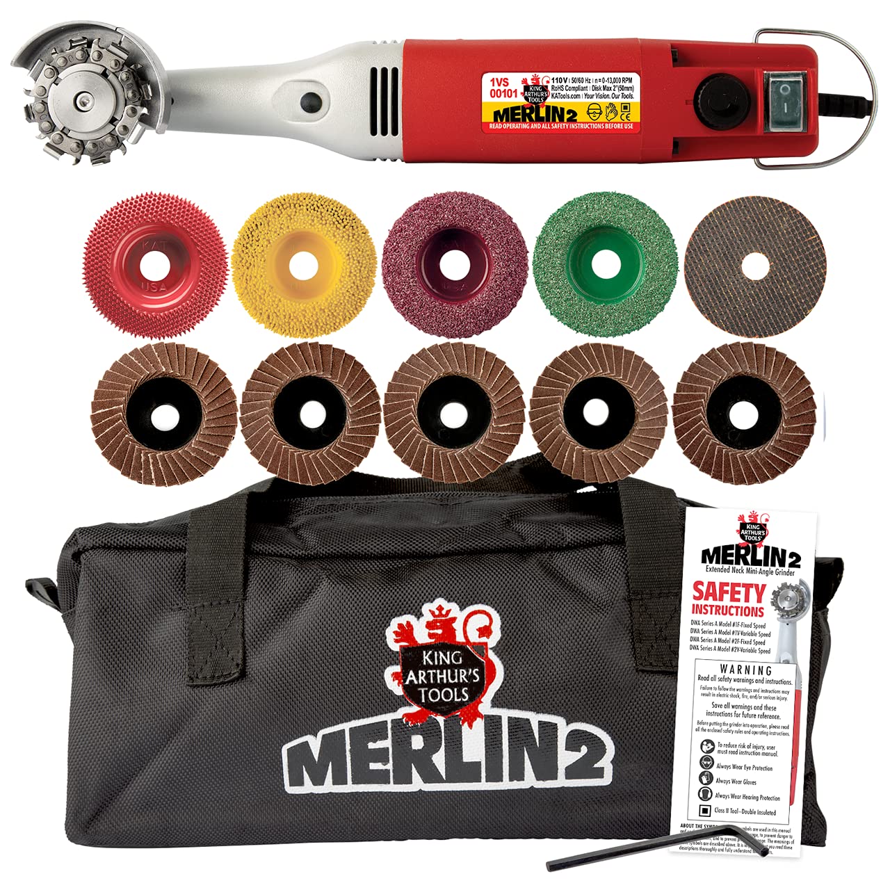 King Arthurs Tools Premium Carving Set MERLIN2 Handheld Variable Speed Mini Angle Grinder Power Tool with 11 Accessories