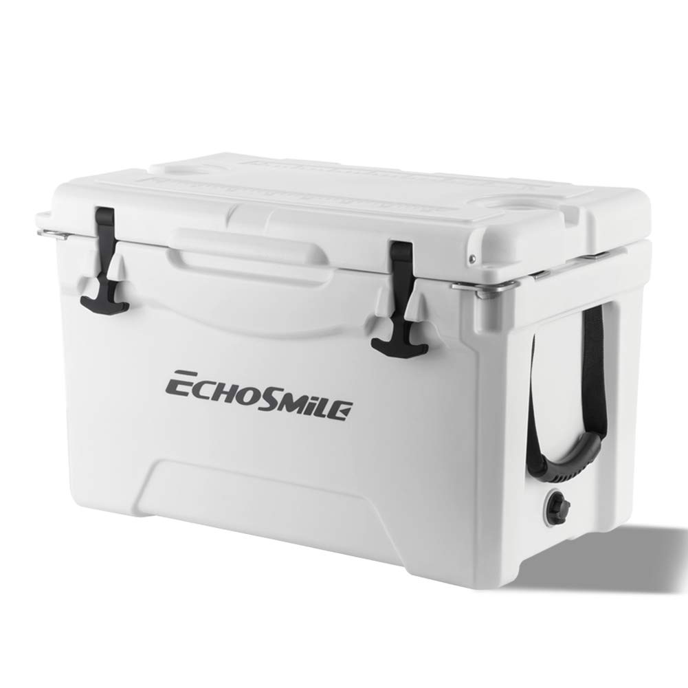 EchoSmile 35QT White Rotomolded Cooler 5 Days Portable Ice Chest Ice Cooler with Built-in Cup Holders Bottle Openers and