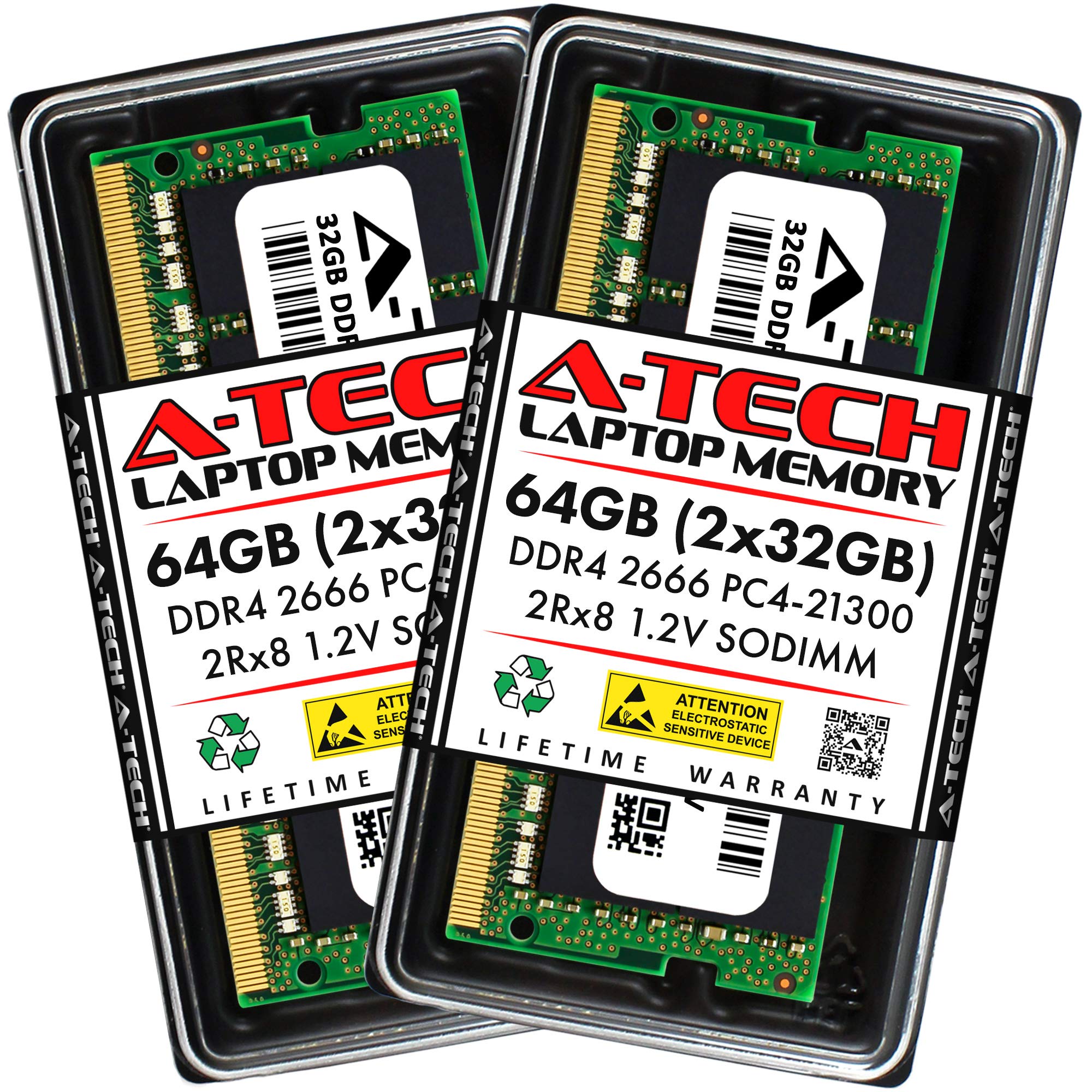 A-Tech 64GB 2x32GB DDR4 2666MHz PC4-21300 PC4-2666V CL19 SODIMM 2Rx8 1.2V 260-Pin Non-ECC SO-DIMM Laptop Notebook RAM Mem