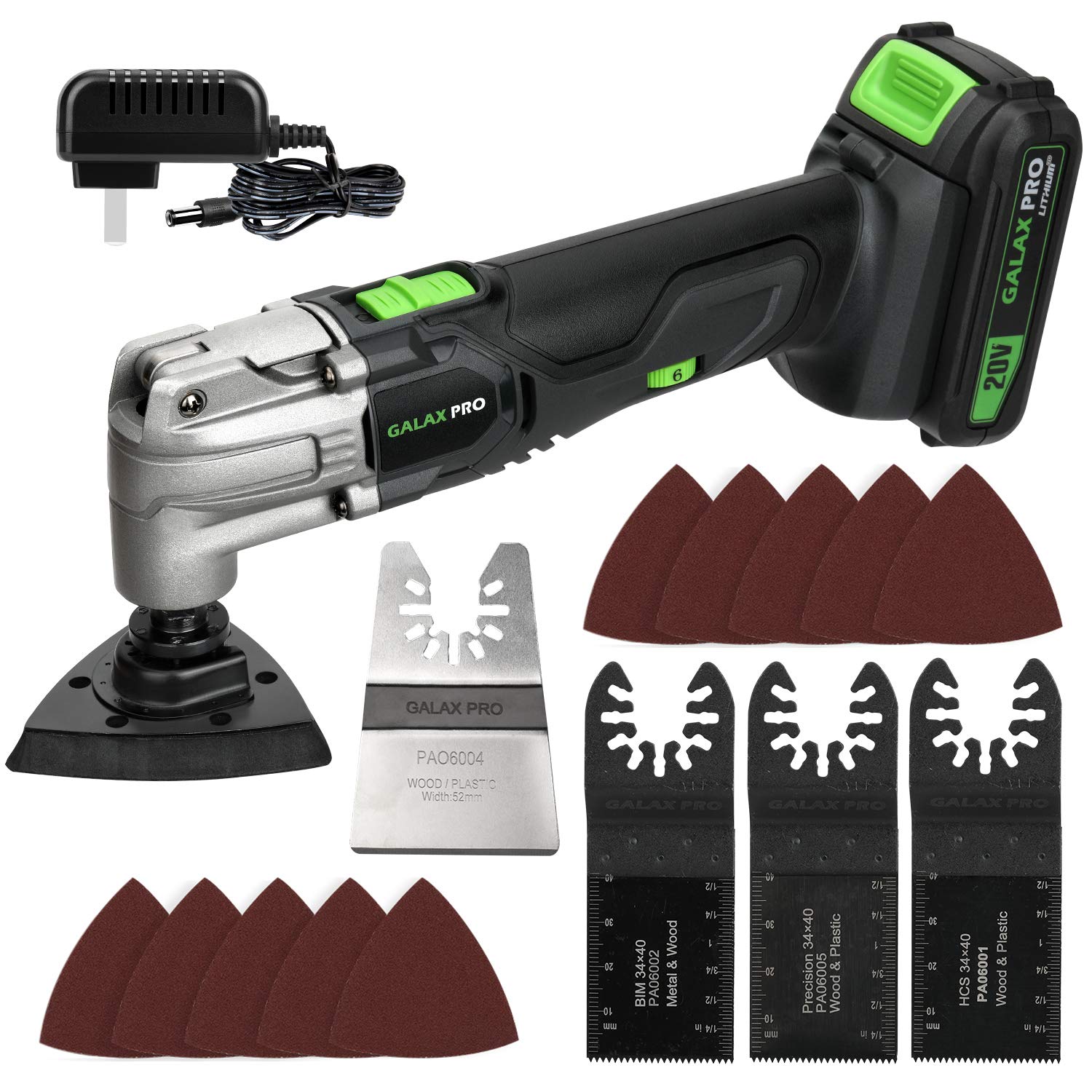 GALAX PRO Oscillating Tool 20V Lithium Ion Cordless Oscillating Multi Tool with 1.3Ah Battery and Charger 3pcs Blade and 10
