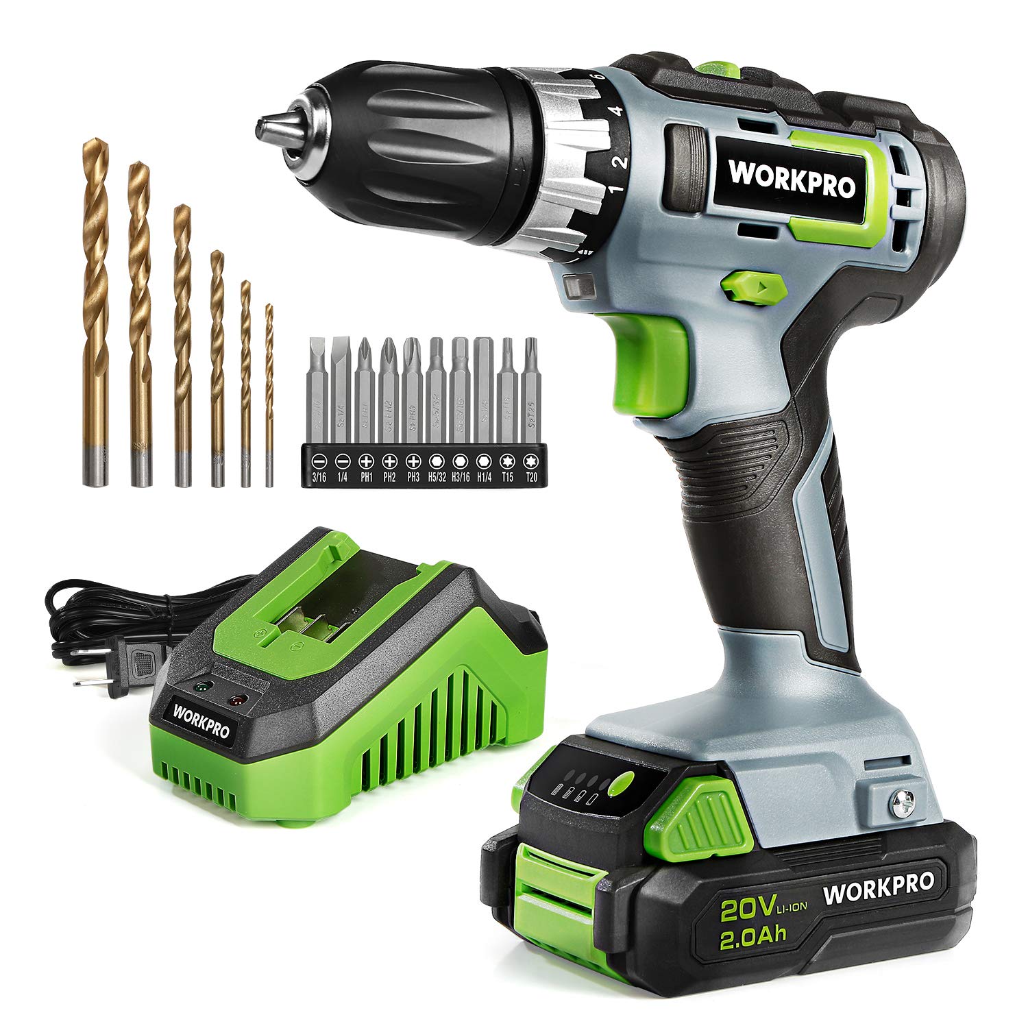 WORKPRO 20V Cordless DrillDriver Kit 38 182 Torque Setting Variable Speed 2.0 Ah Li-ion Battery and 1 Hour Fast Cha