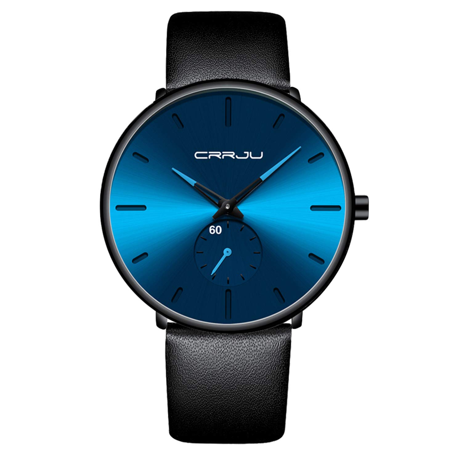 Mens Watches Ultra-Thin Minimalist Waterproof-Fashion Wrist Watch for Men Unisex Dress with Black Leather Band-Blue Hands Blu