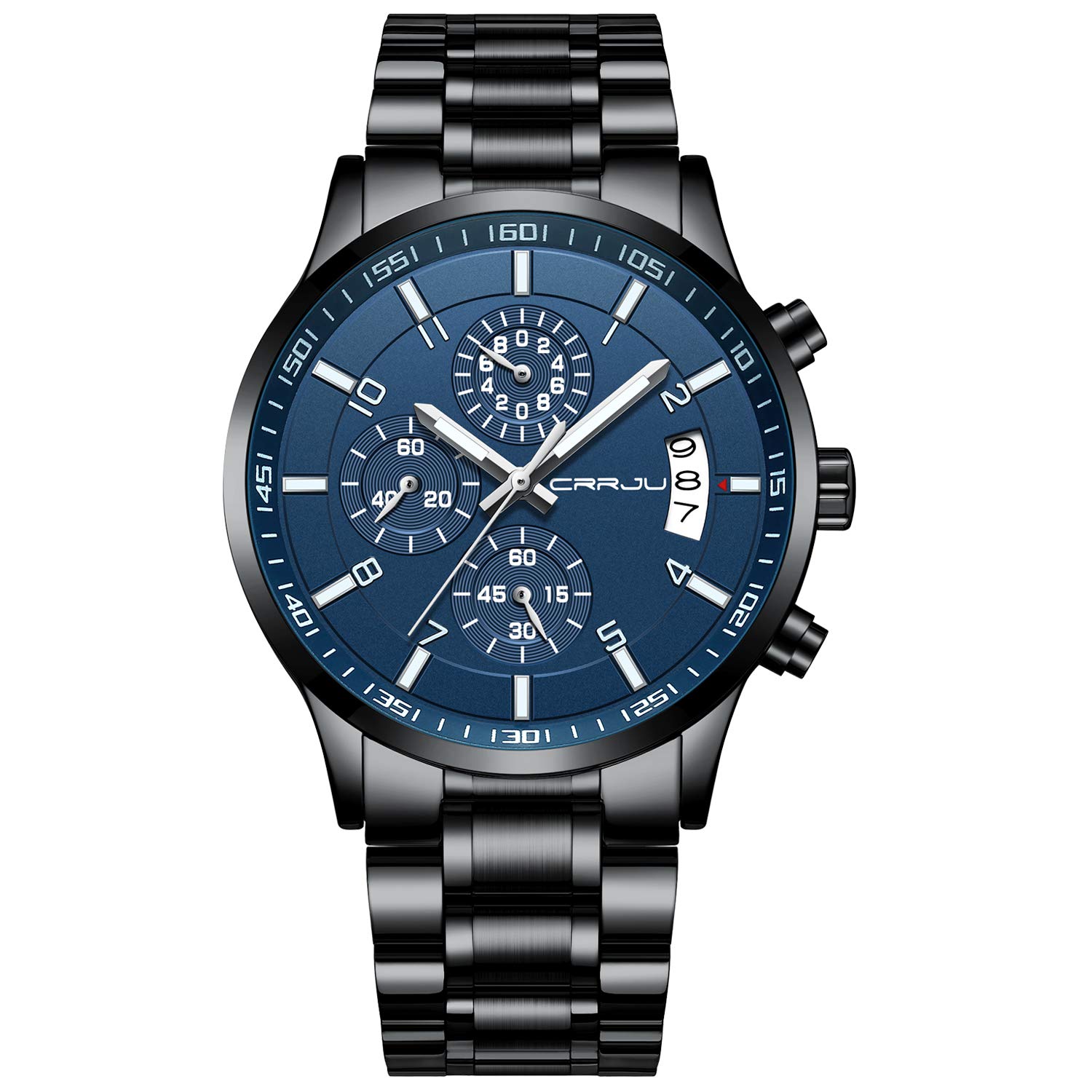 CRRJU Mens Watches Fashion Casual Quartz Analog Black Stainless Steel Waterproof Chronograph Wrist Watch for Men並行輸入