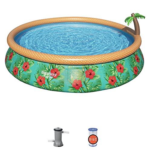 Bestway Fast Set Paradise Palms 15 x 33 Round Inflatable Outdoor Swimming Pool Set with Built-In Palm Tree Sprinkler and Fi