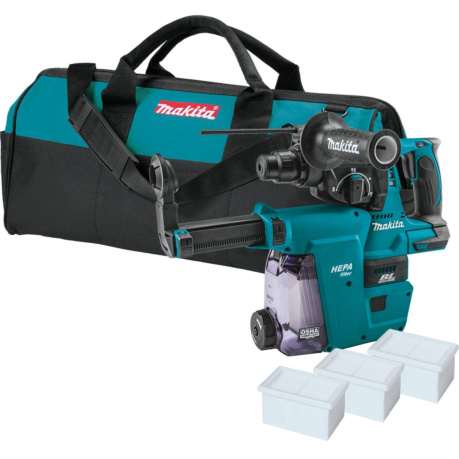 Makita XRH01ZWX 18V LXT Lithium-Ion Brushless Cordless 1 Rotary Hammer accepts SDS-PLUS bits wHEPA Dust Extractor Attac