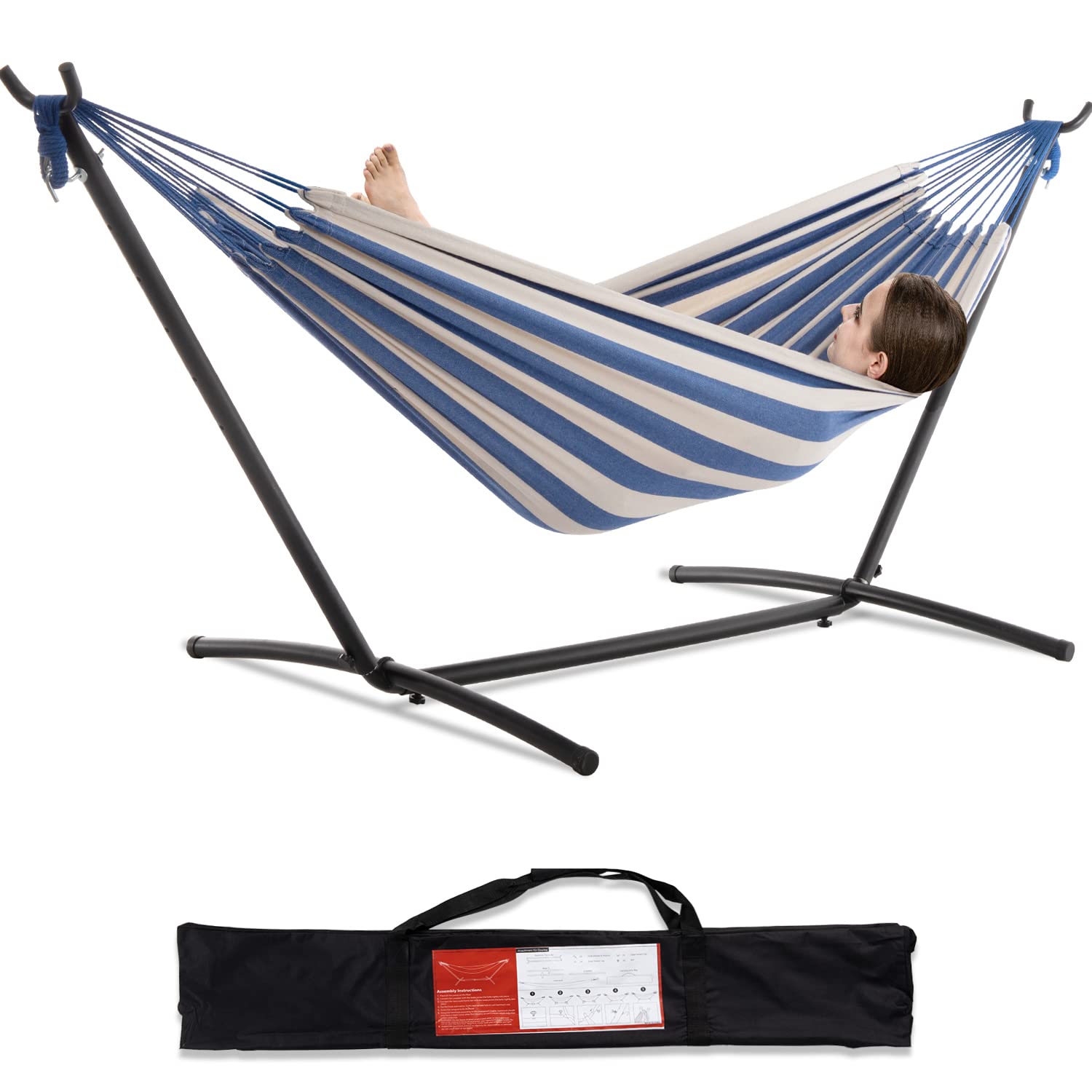 PNAEUT Double Hammock with Space Saving Steel Stand Included 2 Person Heavy Duty Garden Yard Outdoor 450lb Capacity Hammocks