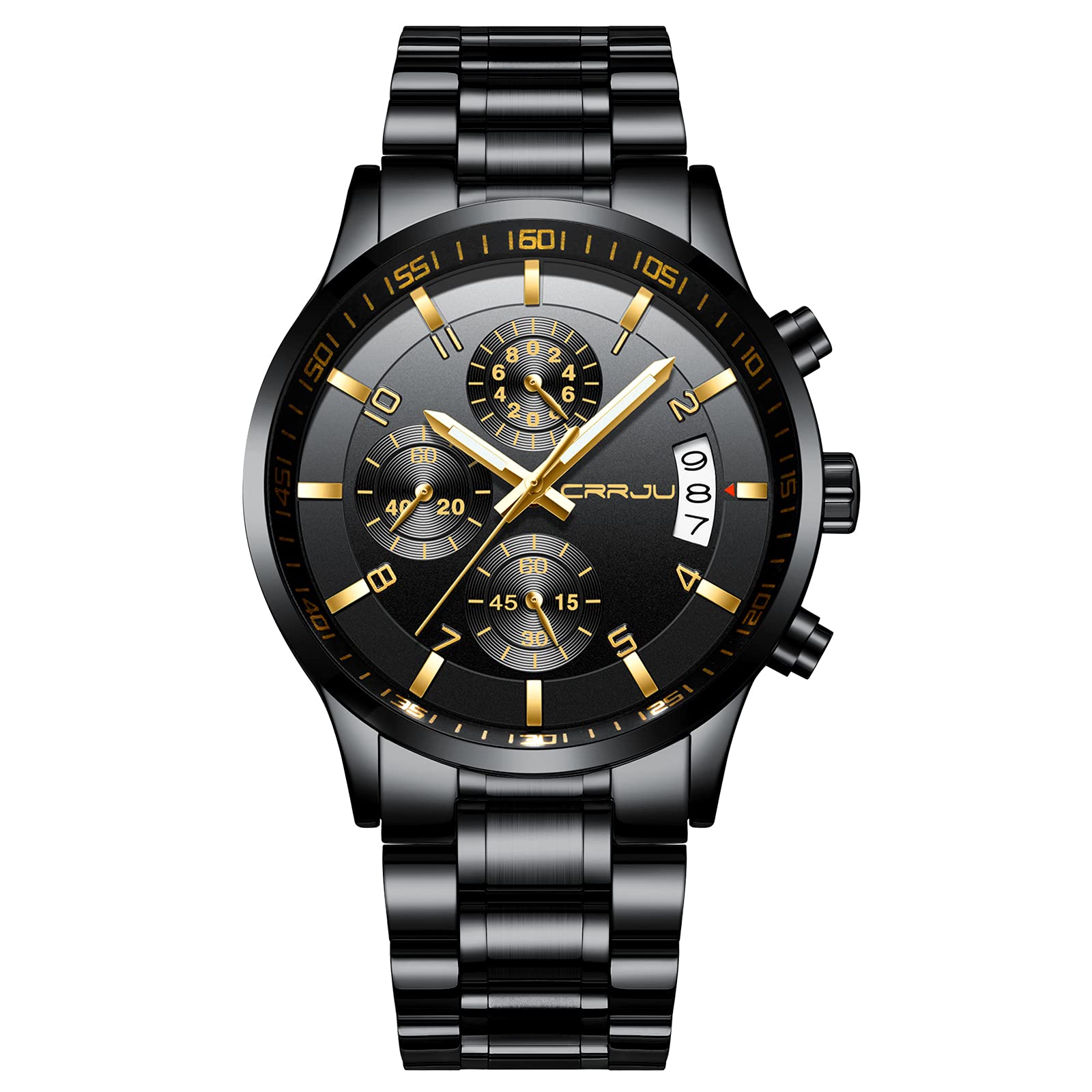 CRRJU Mens Fashion Luxury Casual Stainless Steel Watches Japan Movement Waterproof Business Quartz WristwatchesMan Black Go