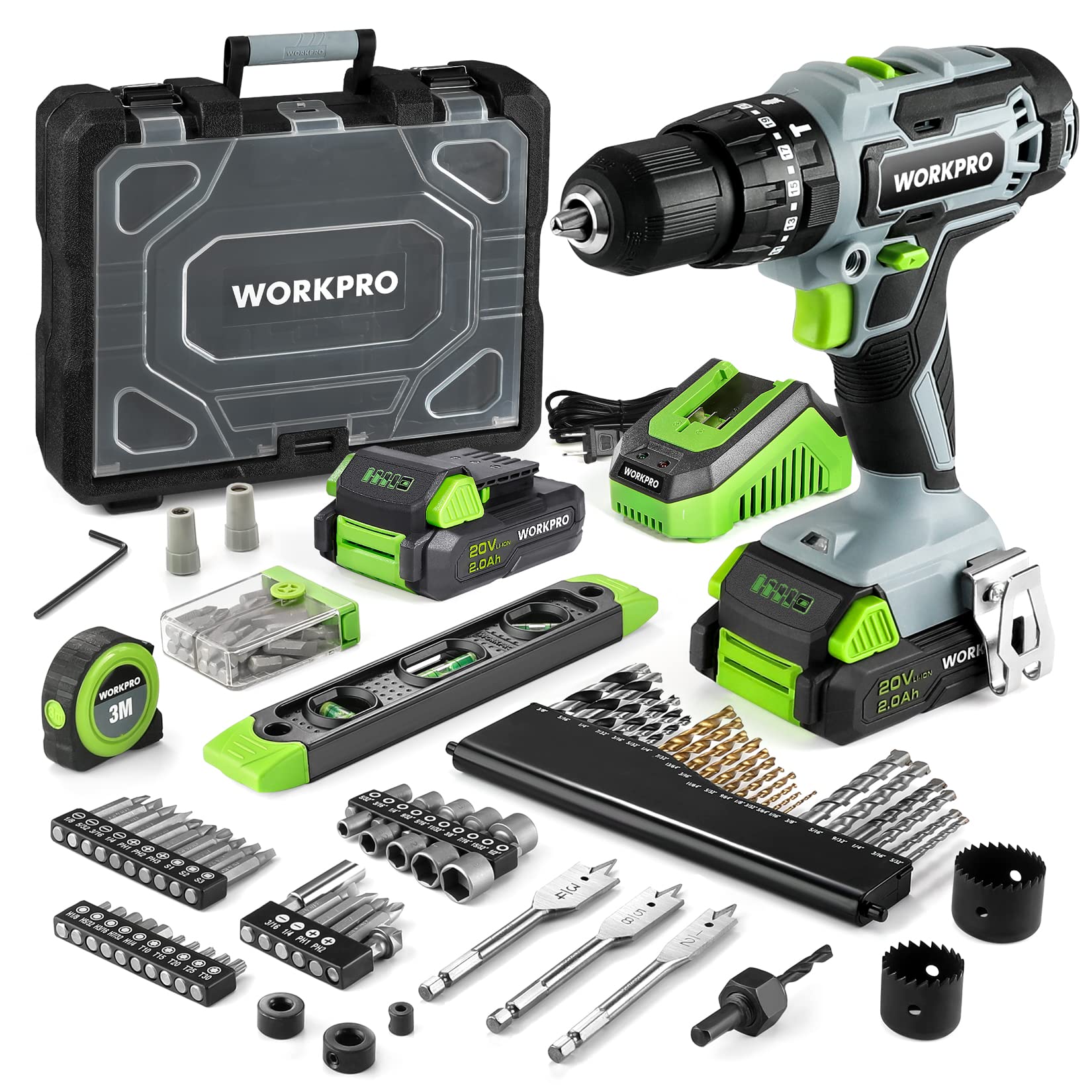 WORKPRO 20V Max Cordless Drill Driver Set Electric Power Impact Drill Tool with 102 Pieces Accessories 12 Chuck Impact D