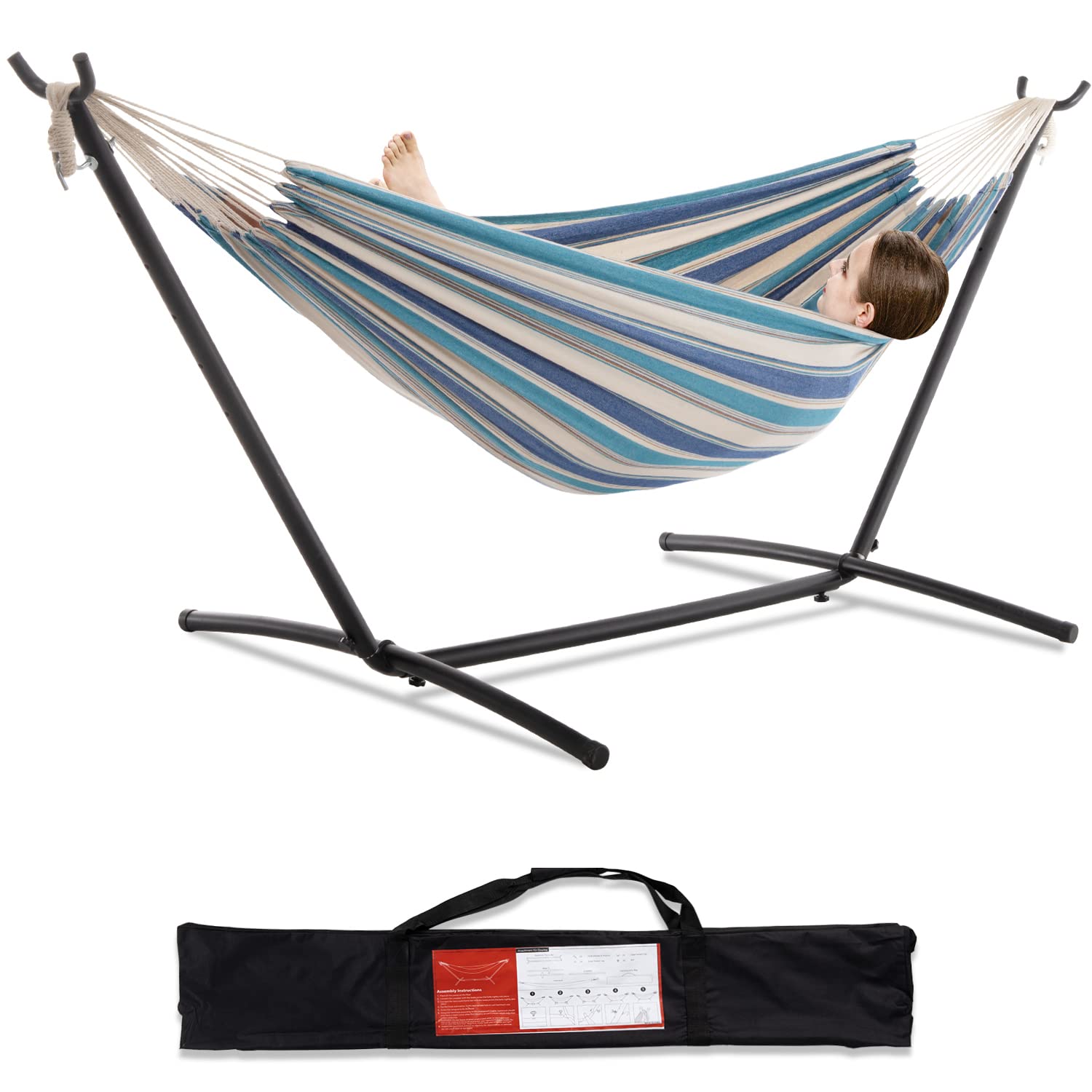PNAEUT Double Hammock with Space Saving Steel Stand Included 2 Person Heavy Duty Garden Yard Outdoor 450lb Capacity Hammocks