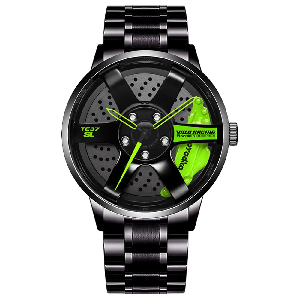 Car Wheel Watch Stainless Steel Watch with Japanese Quartz Movement Waterproof Sports Wrist Watch with Car Rim Hub Design f