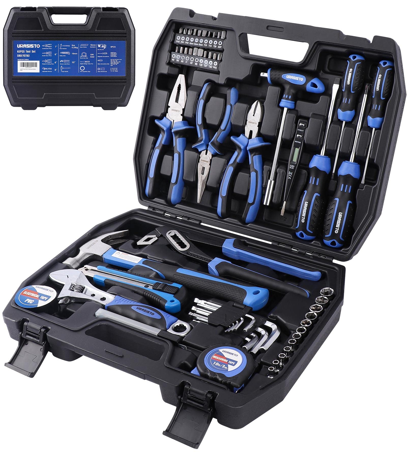 URASISTO 62-Piece Tools Set General Household Tool Kit with Storage Toolbox Basic Tool Set for Home Garage Apartment Bas