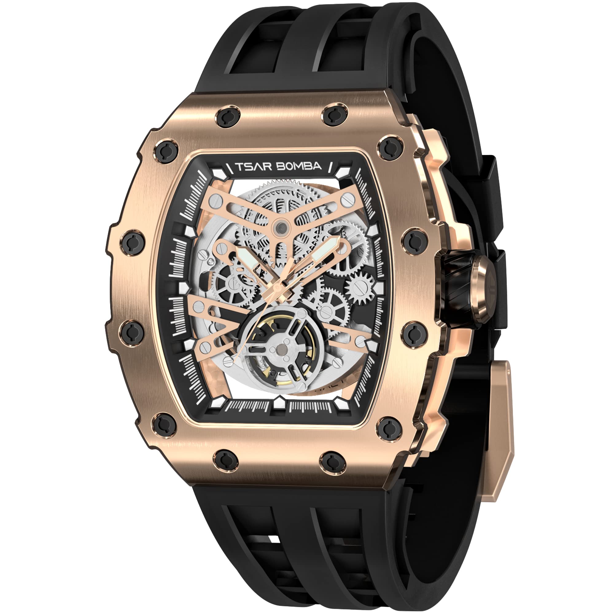 TSAR BOMBA Automatic Tonneau Carbon Fiber Bezel Luxury Mens Watches 50M Waterproof Skeleton Mechanical Stylish Watch for Men