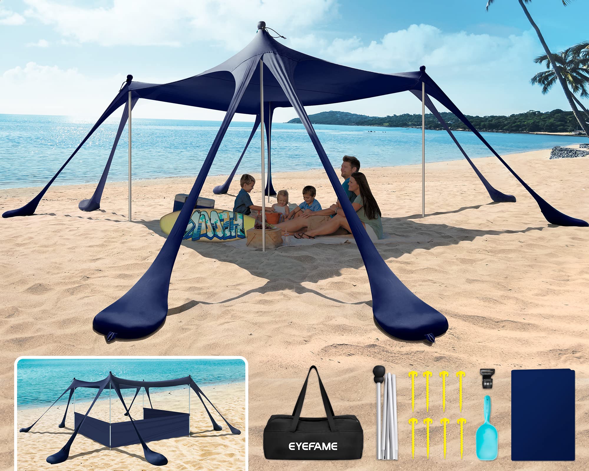 EYEFAME UPF50 Anti-Wind Beach Tent with Sandproof Private Beach Wind Screen Stable 8 Sandbags Design Beach Canopy Sun Shade
