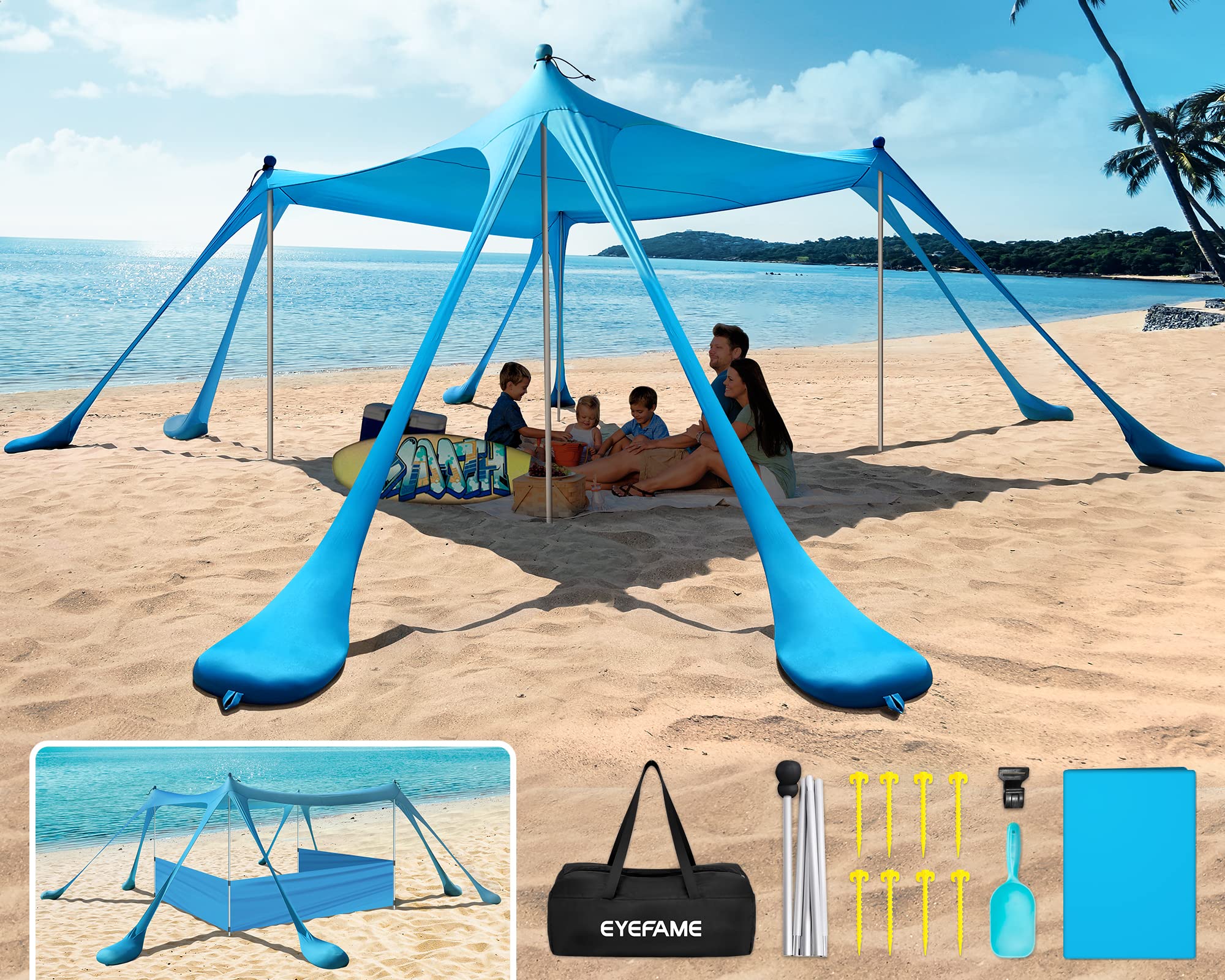 EYEFAME UPF50 Anti-Wind Beach Tent Latest Stable 6 Sandbags Design Pop Up Beach Canopy Sun Shade with Carrying Bag Portabl