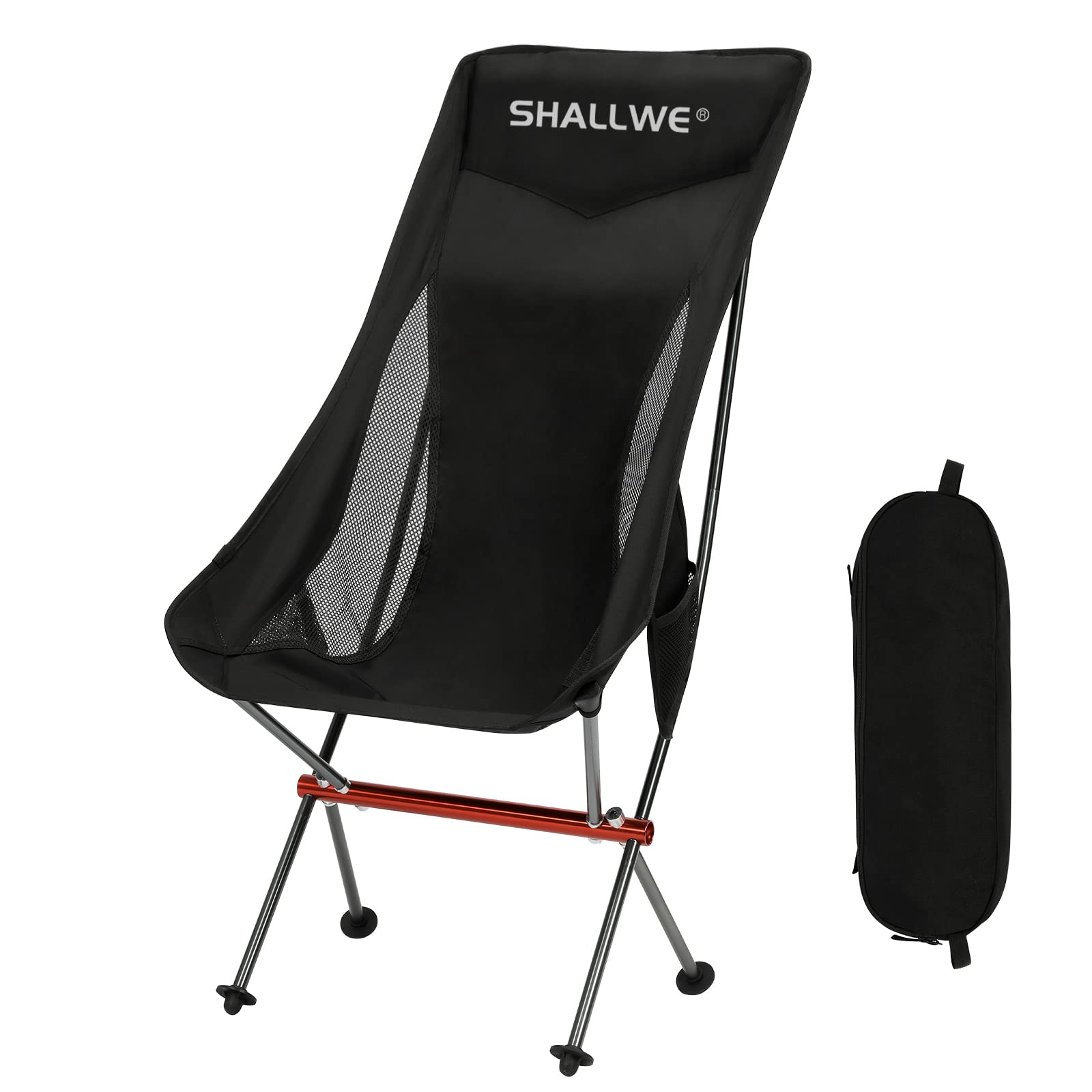 SHALLWE Ultralight High Back Folding Camping Chair Upgraded All Aluminum Structure Built-in Pillow Side Pocket Carry Bag