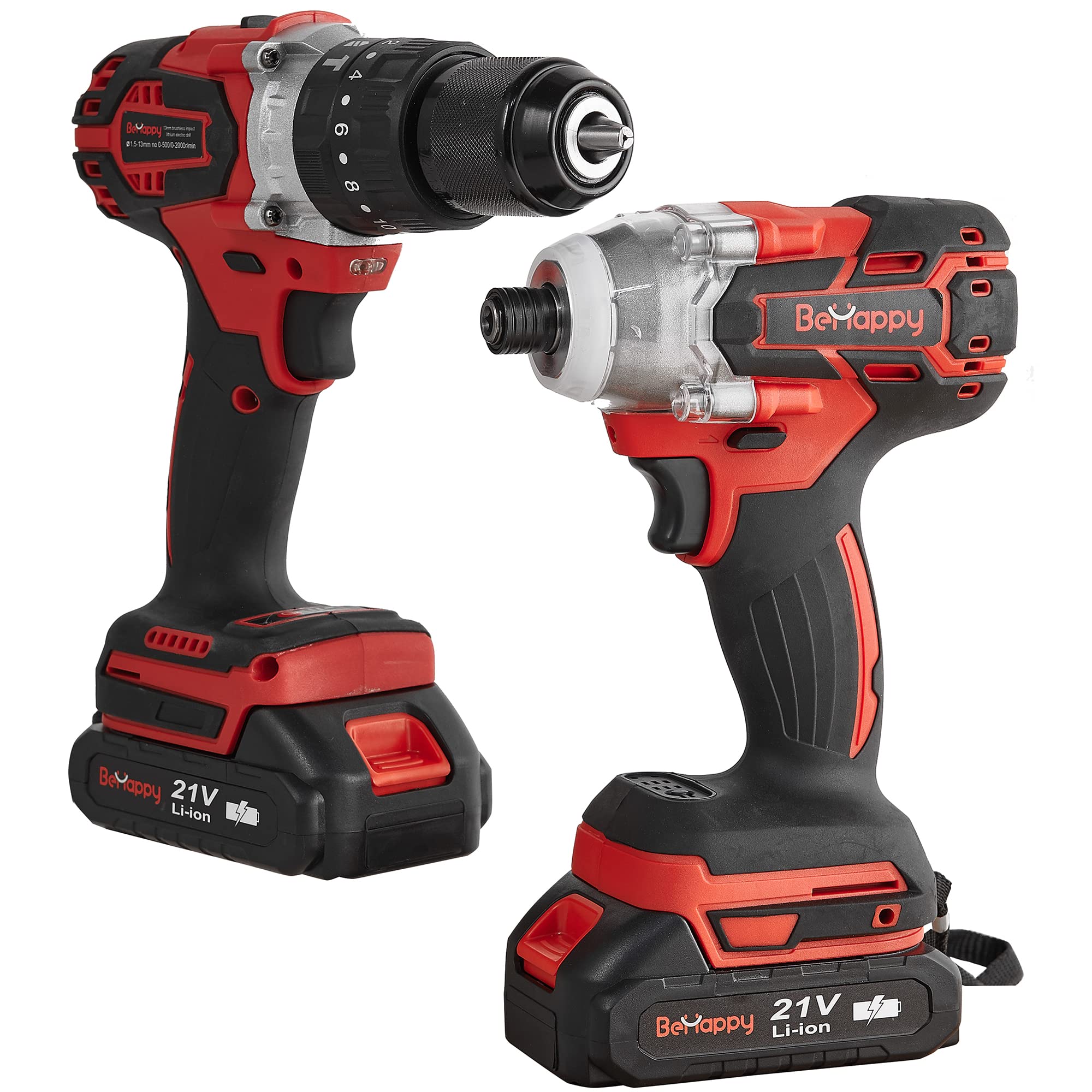 Behappy Cordless Drill Combo Kit 1000ln-lbs Drill Driver and 2600In-lbs Impact Driver 21V Brushless Power Tool Kit with 2 L