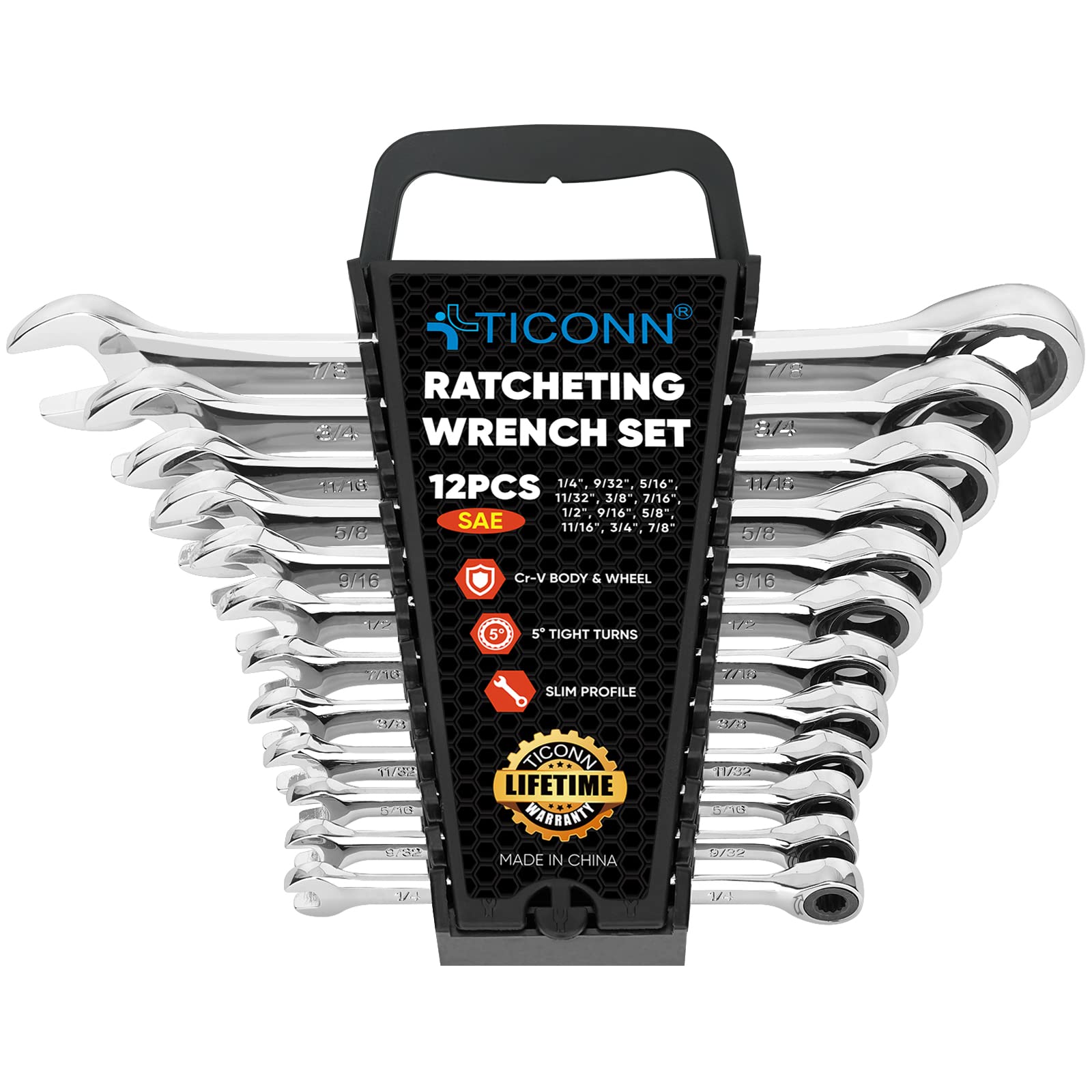 TICONN 12PCS Ratcheting Wrench Set Professional Slim Profile Mechanic Cr-V Ratchet Wrench Set with Organizer Rack 12PCS Inc