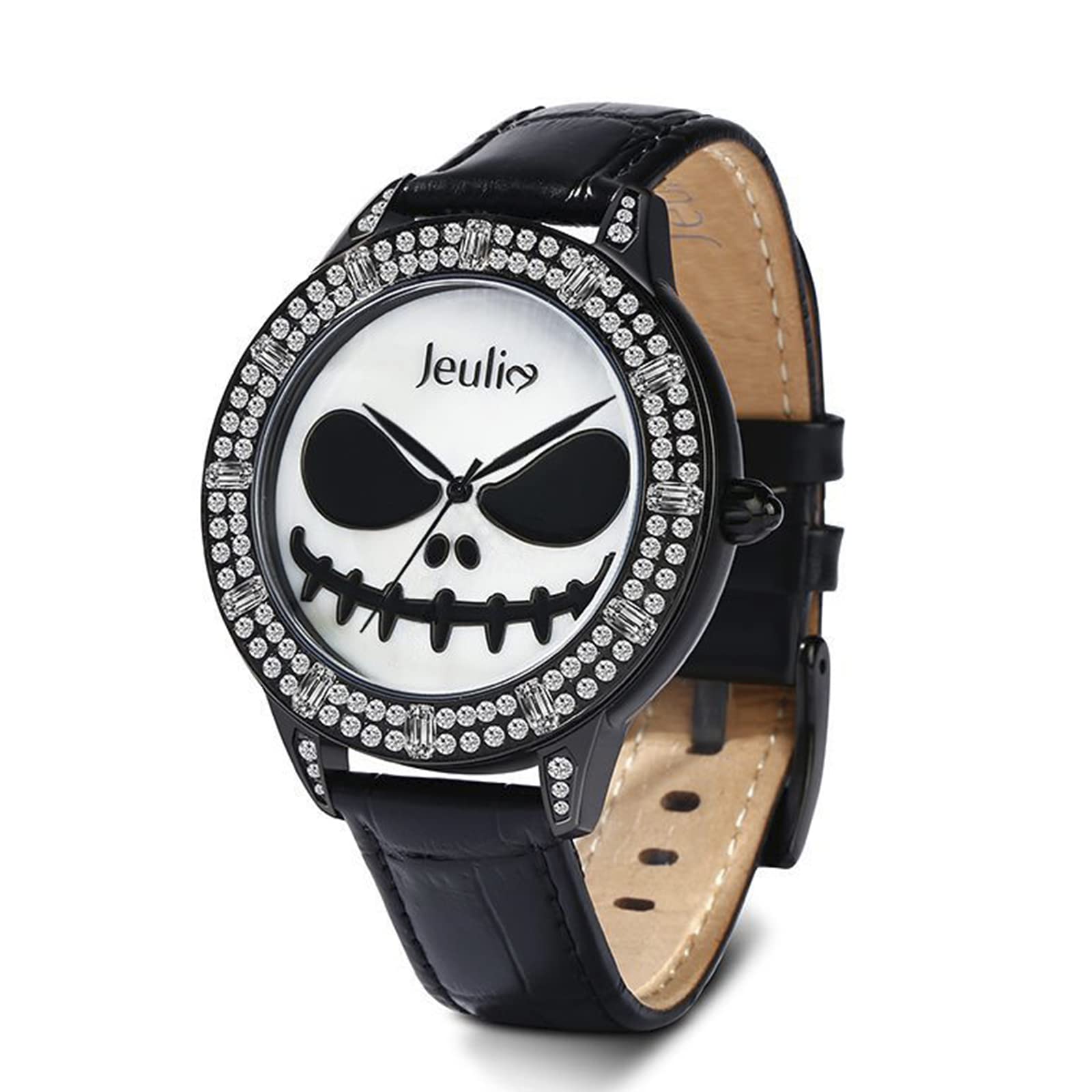 Jeulia Skull Watches for Women Diamond Quartz Slim Black Leather Wristwatch Glass Unisex Sports Business Stainless Steel Leat