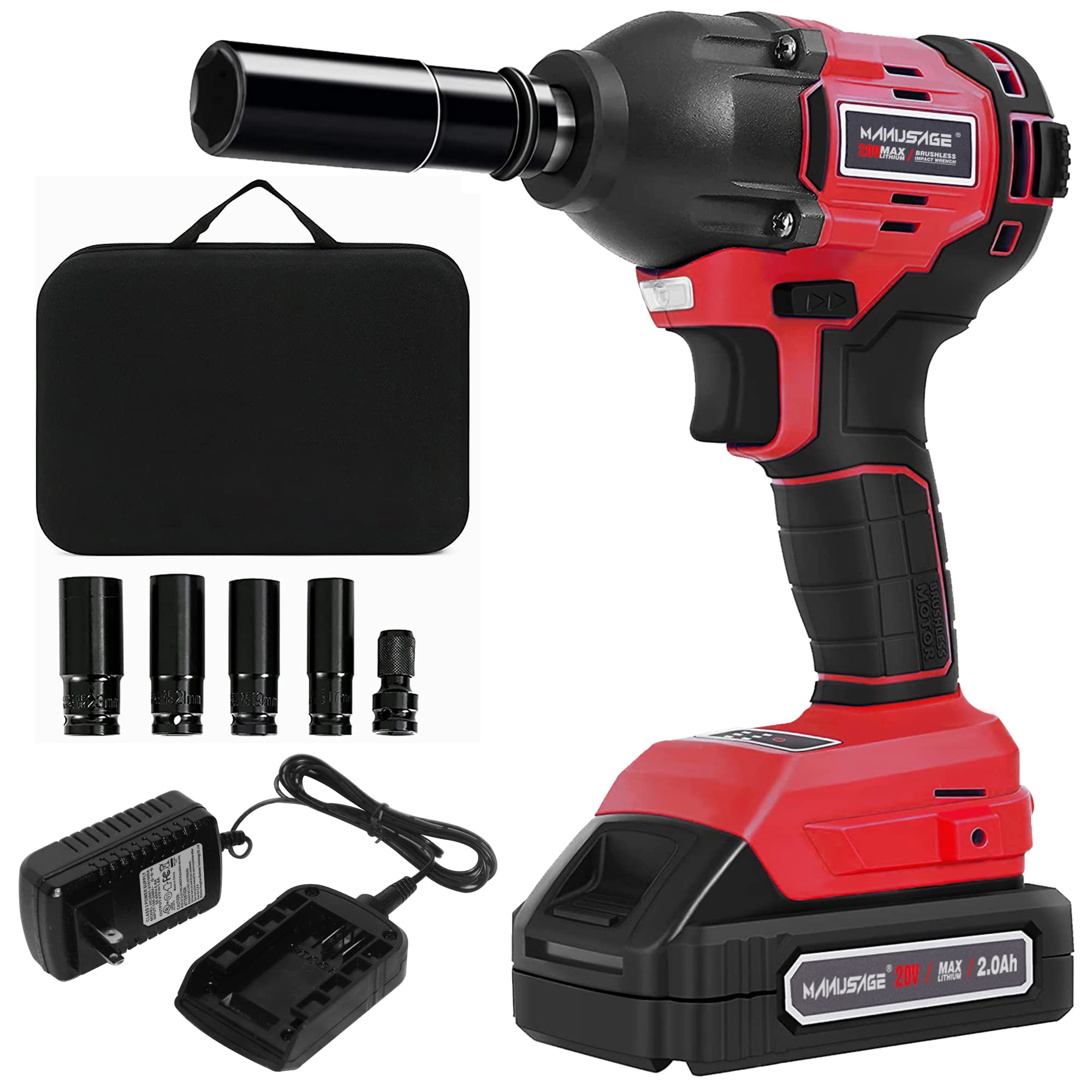 Manusage 20V Cordless Impact Wrench 12 inch Powerful Brushless Motor Max Torque 260 ft-lbs 2 Ah with 4-pcs Driver Impact