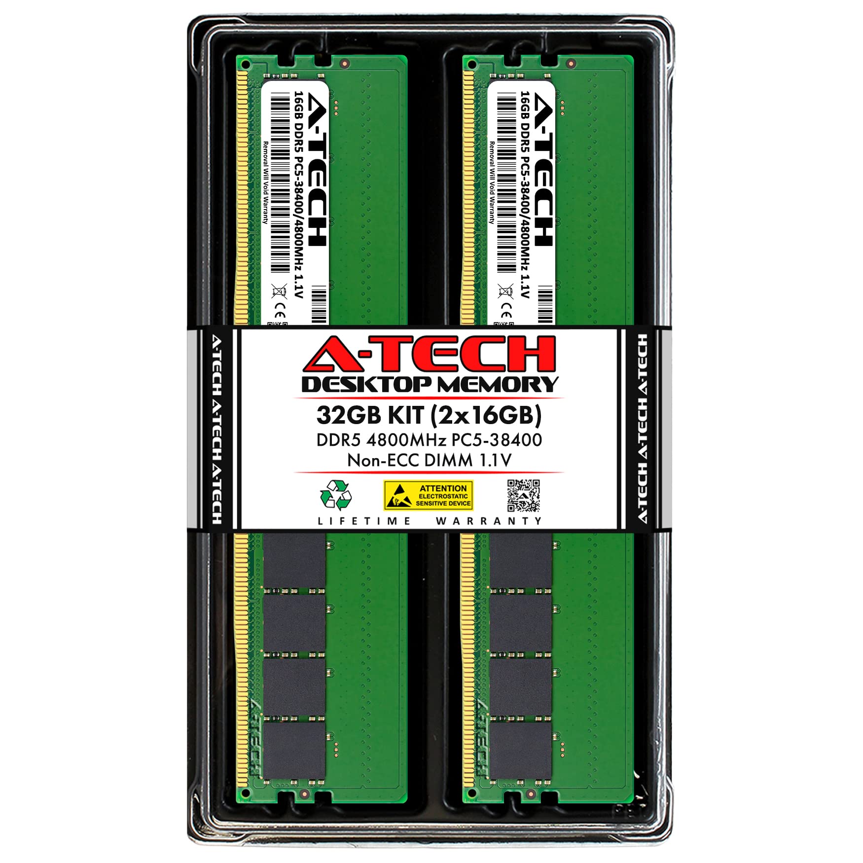 A-Tech 32GB 2x16GB DDR5 4800MHz UDIMM PC5-38400 CL40 DIMM 288ピン 1.1V デスクトップ RAM メモリモジュール並
