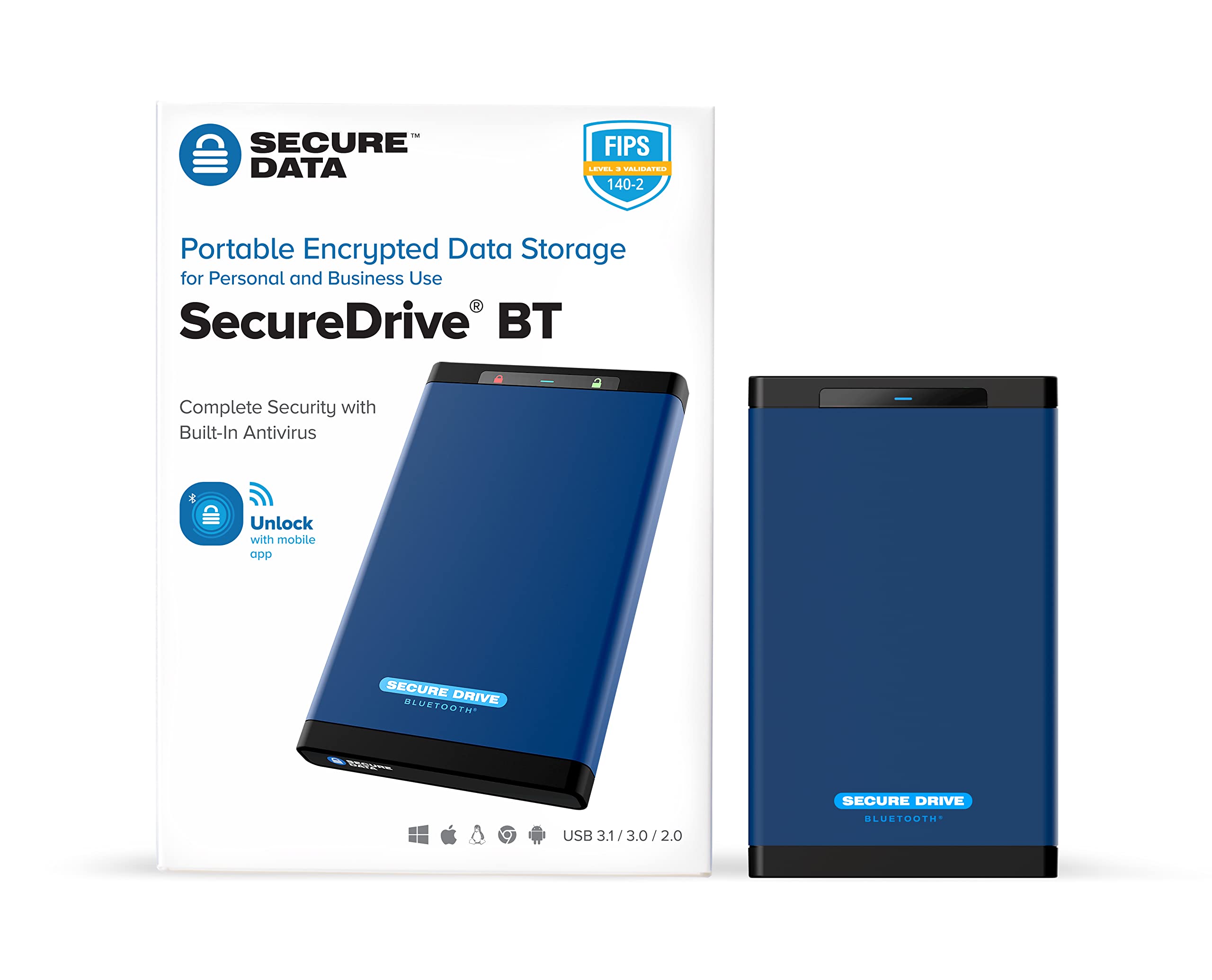 SecureData SecureDrive BT 1TB ハードウェア 暗号化 USB 3.0 Ext Drive FIPS 140-2 レベル 3 電話アプリで解錠