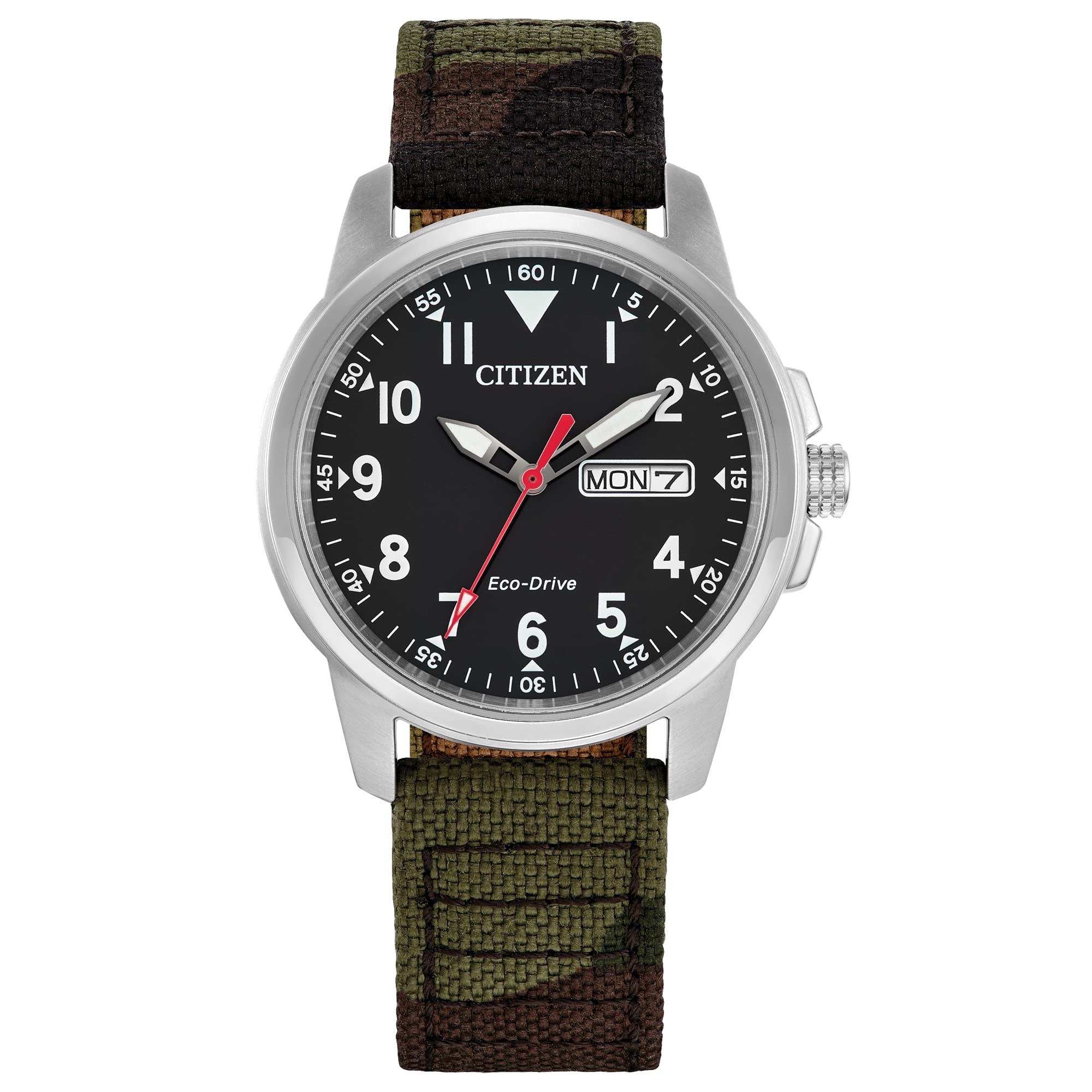 Citizen Mens Eco-Drive Weekender Garrison Field Watch in Stainless Steel with Camo Nylon strap Black Dial Model BM8188-01