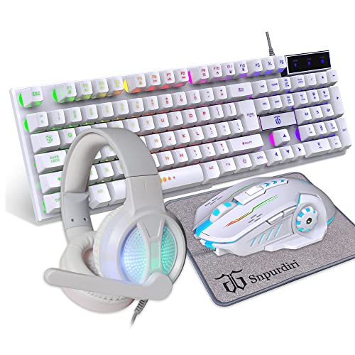 DGG Gaming Keyboard and Mouse and Gaming Headset Mouse PadRGB Backlight Bundle for PC Gamers Gift Users4 in 1 White Editi