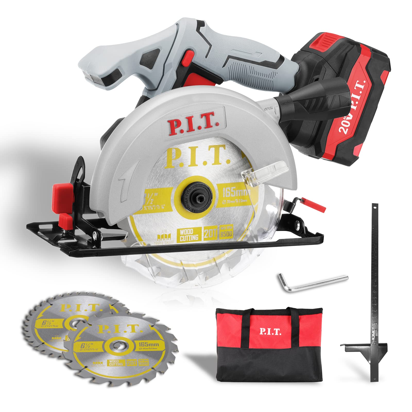 P.I.T. 20V 6-12 inch Cordless Circular Saw with 4.0Ah Lithium-Ion Battery and 24T 40T Circular Saw Blade Max Cutting Depth