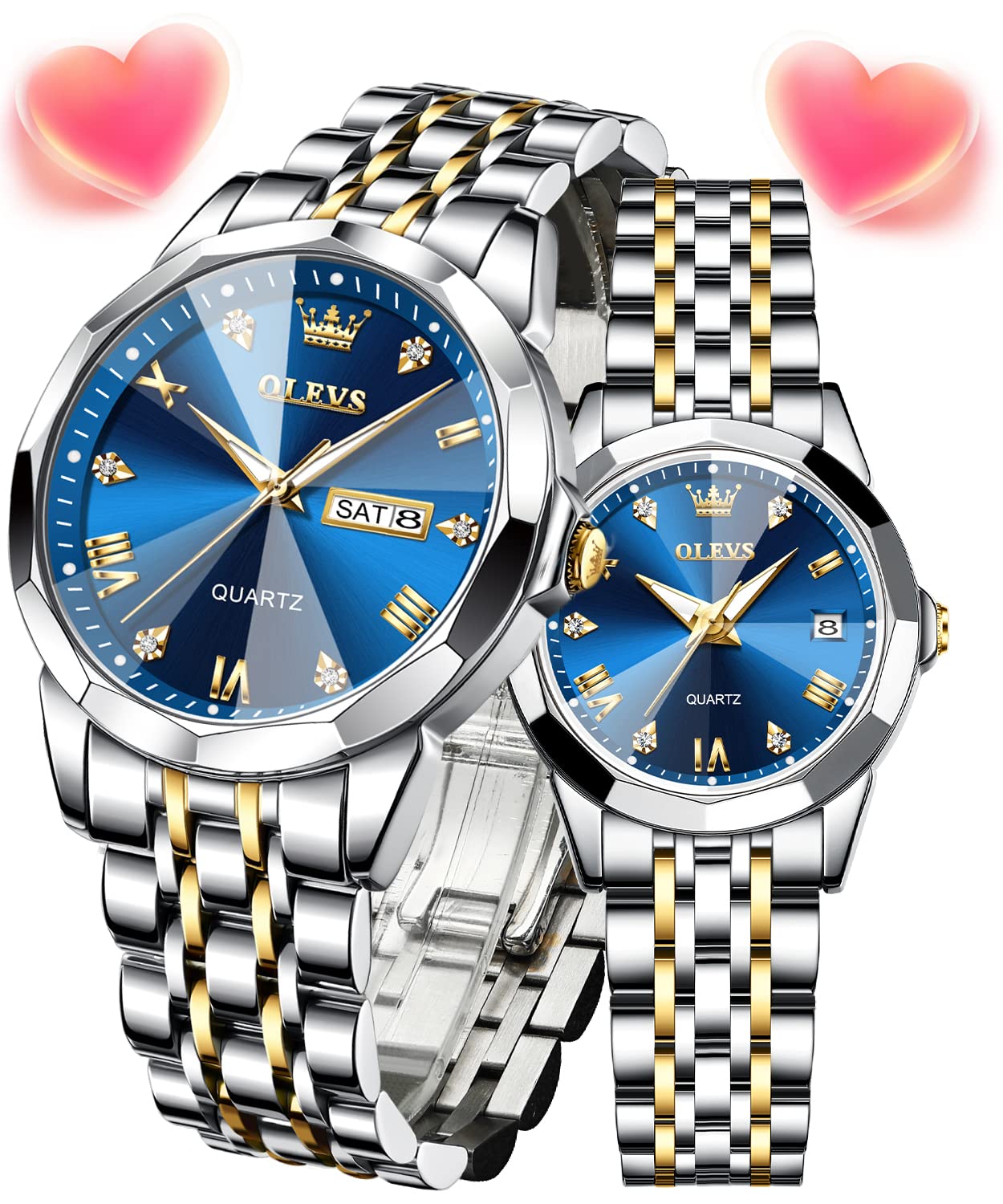 OLEVS Valentines Day His and Her Couple Watches Fashion Dresse Matching Watches Quartz Blue Face White Stainless Steel Strap