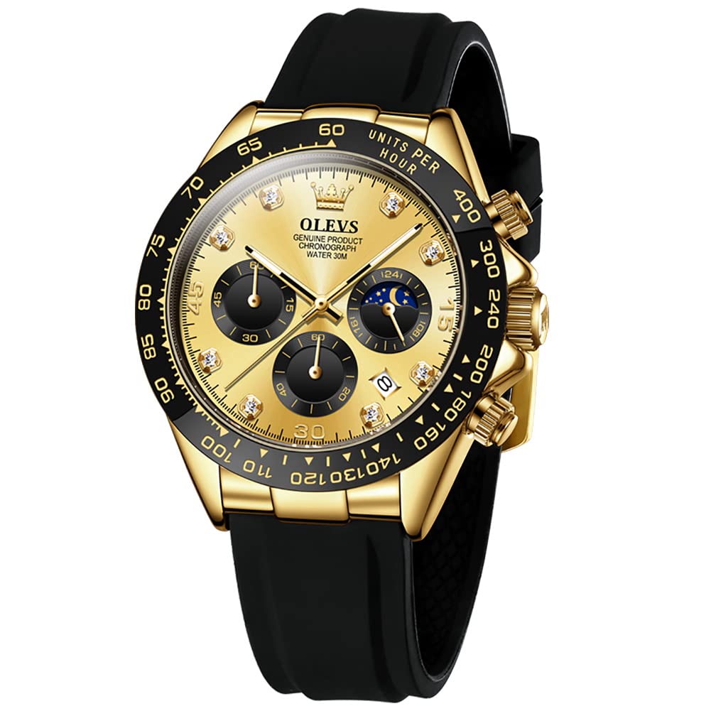 OLEVS Mens Watches Fashion Sports Chronograph Black Silicone Band Casual Luxury Diamond Date Moon Phase Gold Dial Dress Wrist