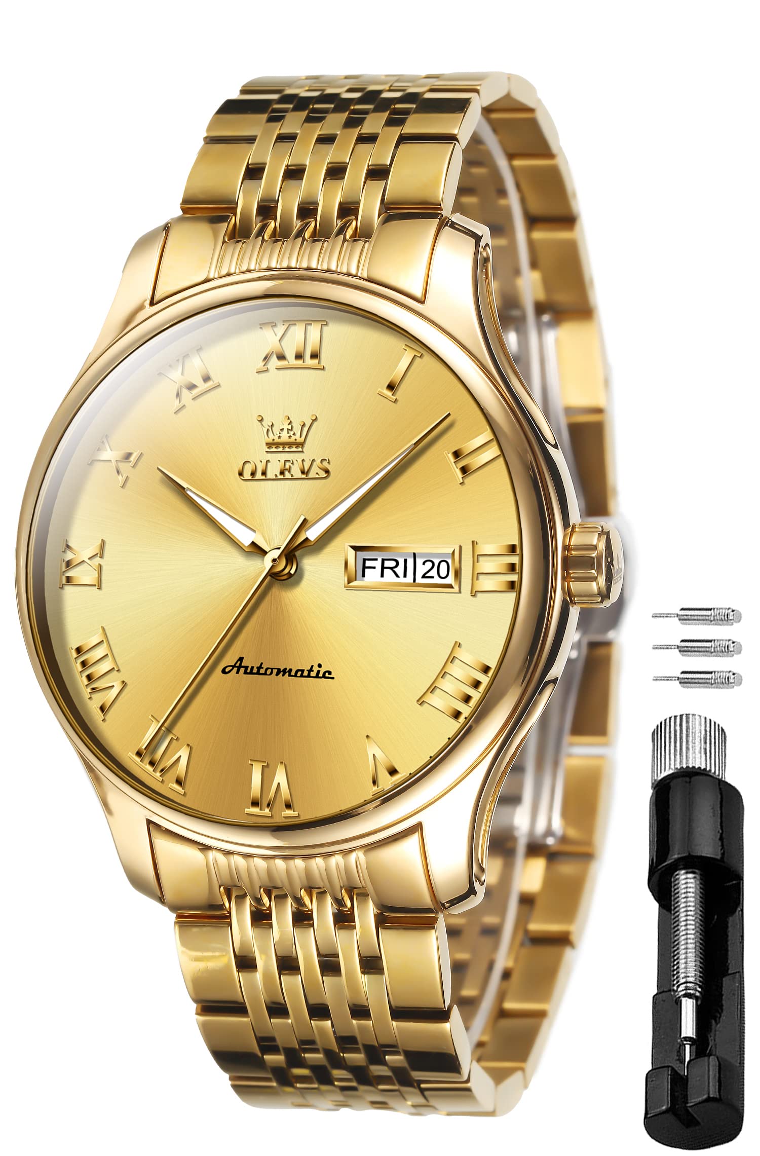 OLEVS Mens Automatic Mechanical Watch Self-Winding Luxury GoldSilver Two Tone Classic Calendar Waterproof Luminous Business