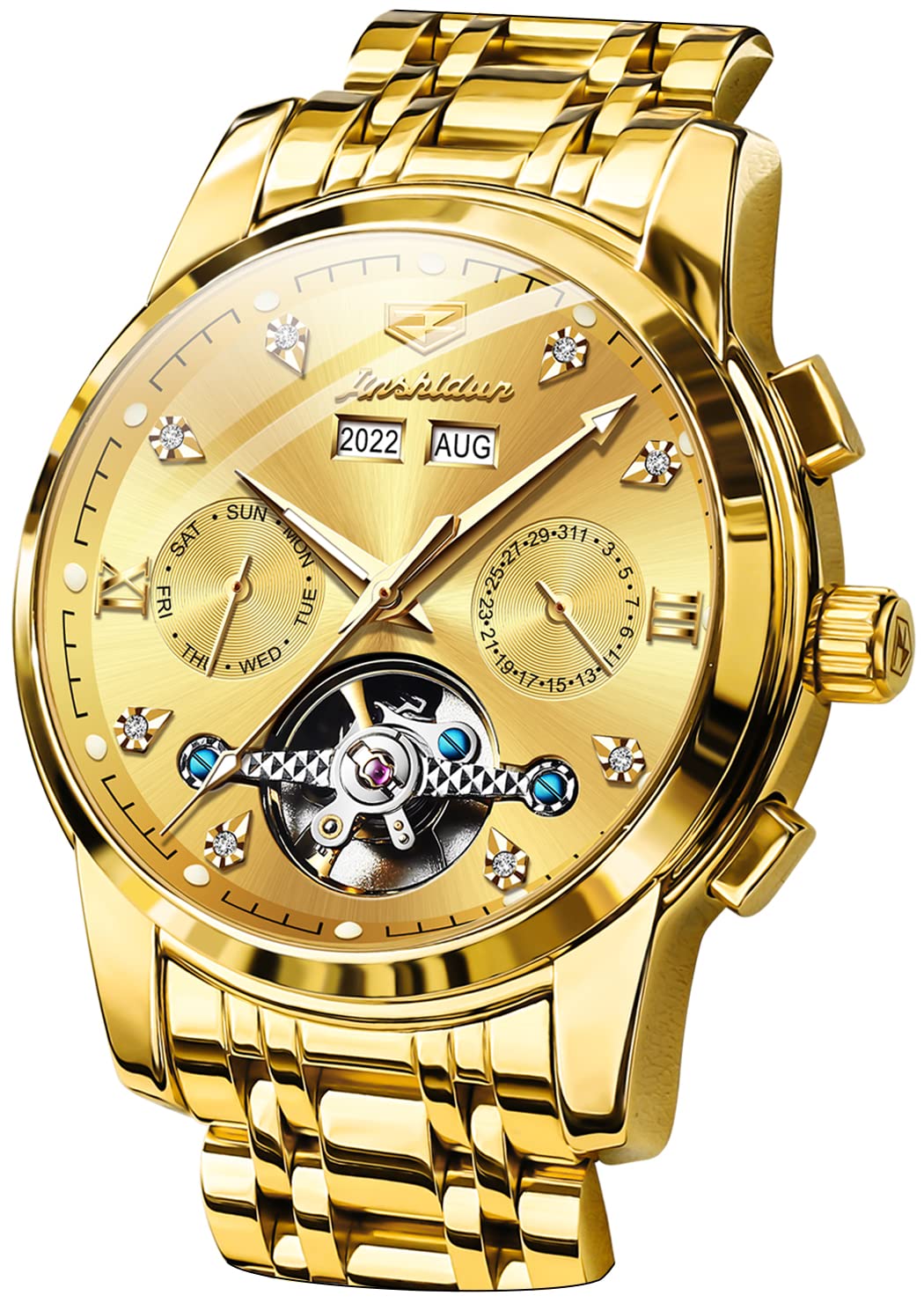 JSDUN Mens Automatic Watch Skeleton Mechanical Self Winding Diamond Gold Luxury Business Dress Wrist Watches Calendar Stainle