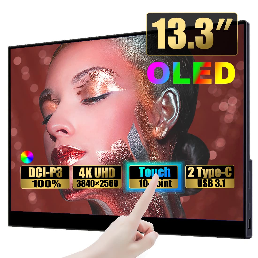 Bimawen OLED 4K Touch Portable Monitor 13.3OLED Touchscreen with Built-in Stand Speaker4mm to 10mm Thickness60HZ400 nits