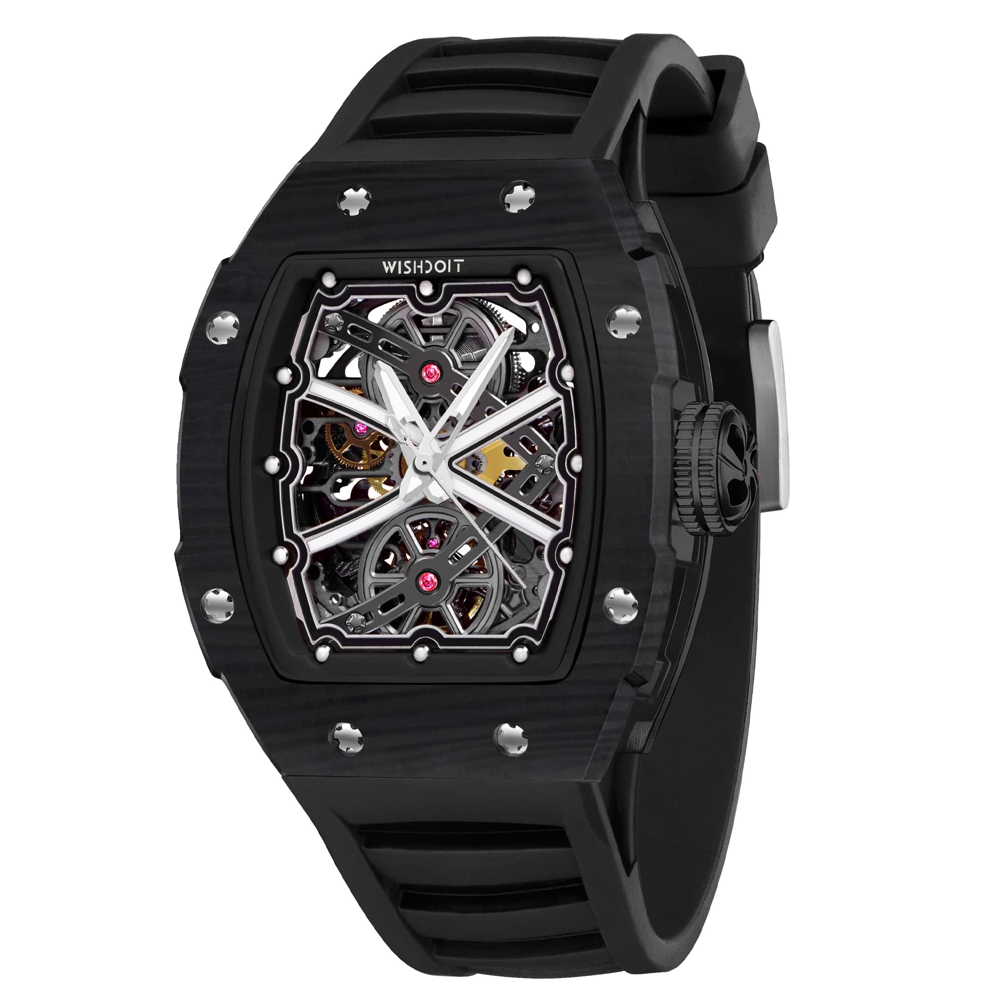 WISHDOIT Mechanical Automatic Tonneau Mens Gold Wristwatch 9912F-Black Case Black Band並行輸入品
