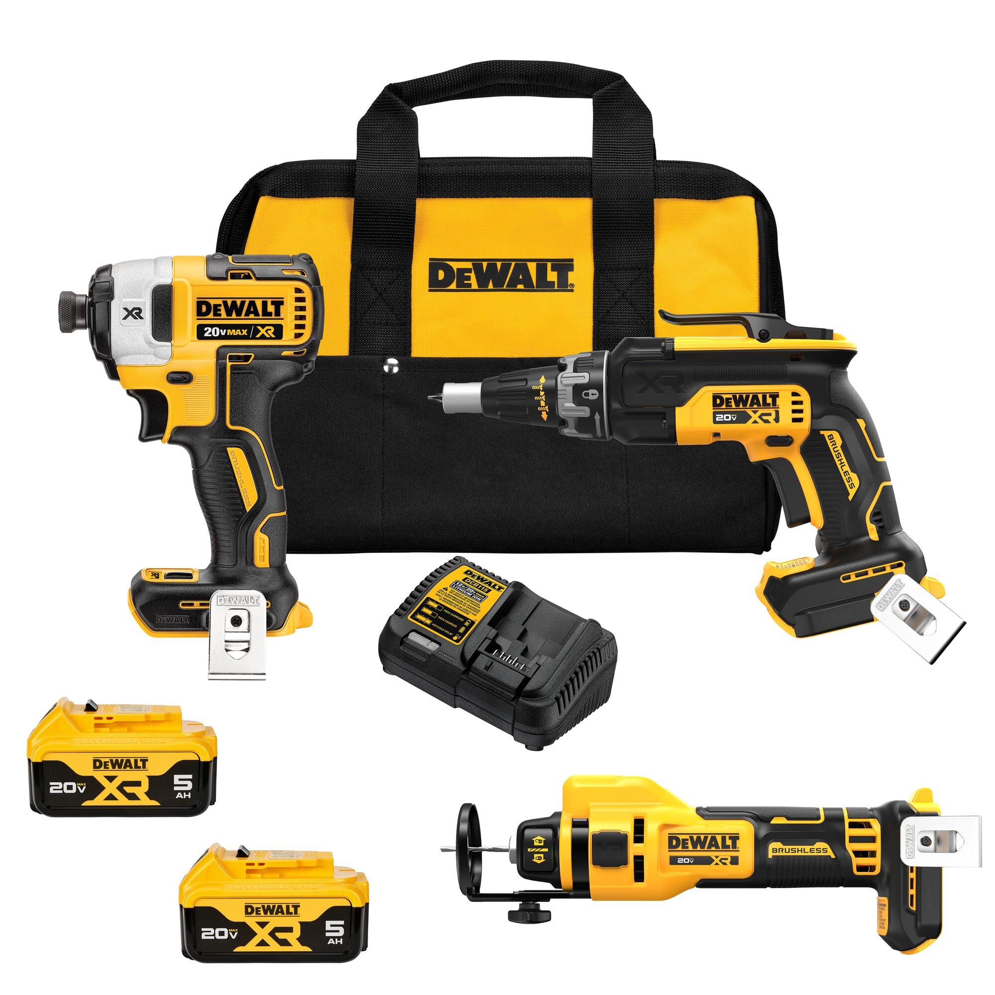 DEWALT 20V MAX XR Drywall Cutting Tool Combo Kit Cut Out Tool Drywall Screwgun Impact Driver with Batteries Charger and