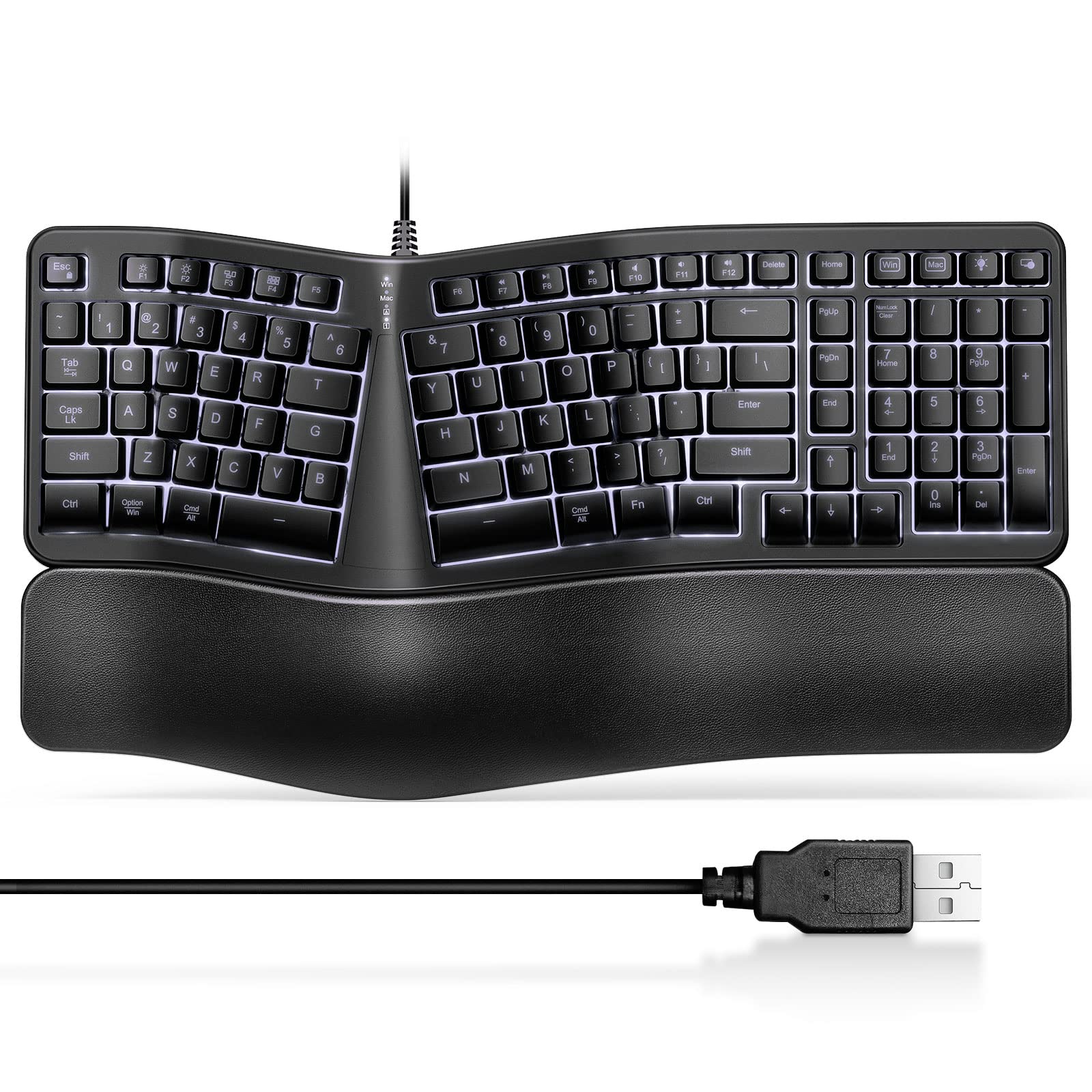 TANNSEN Backlit Wired Ergonomic Keyboard USB Split Keyboard with Wrist Rest and Comfortable Typing 104 Keys 10 Shortcuts fo