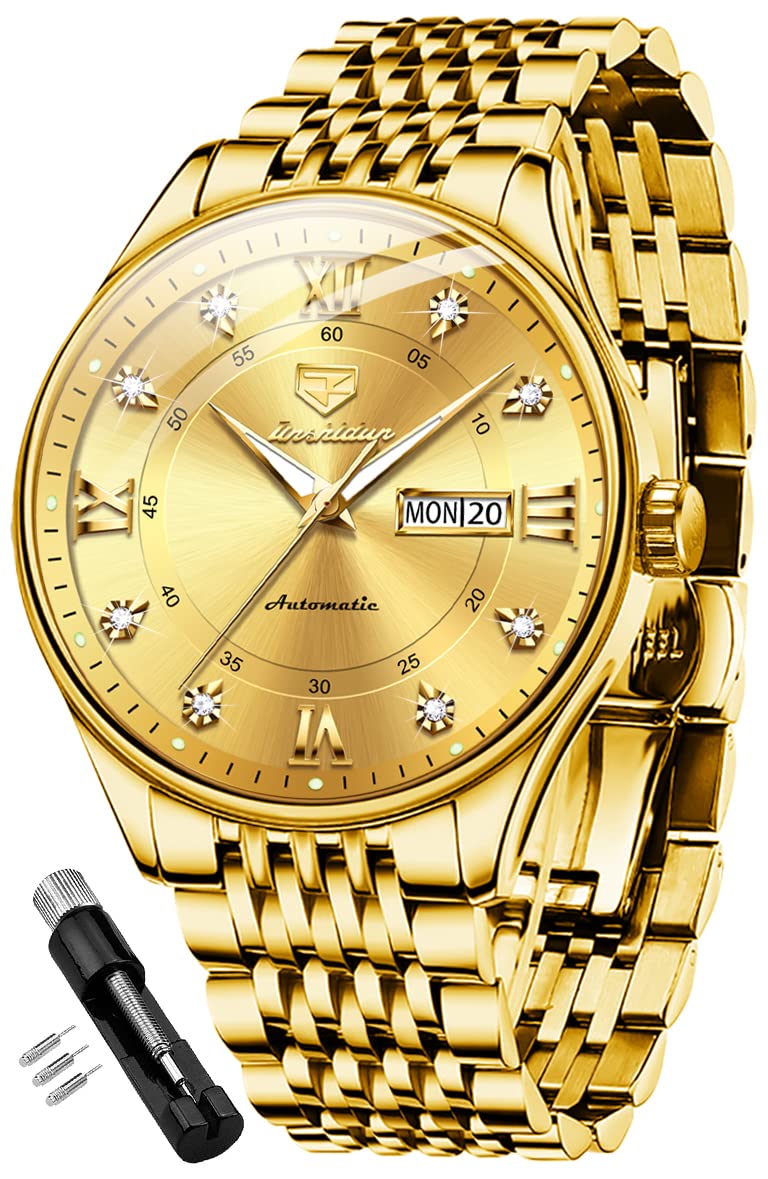 OLEVS Automatic Watches for Mens Luxury Diamond Self Winding Mechanical Dress Gold Wrist Watch Waterproof Luminous Stainless